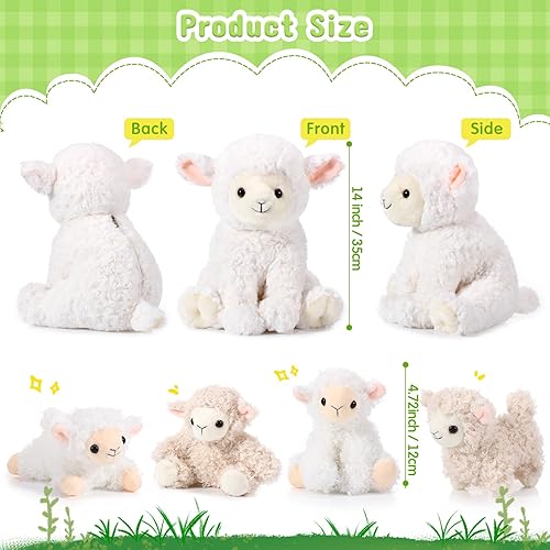 Miniatura 2 de Lenwen Juego de 5 juguetes de peluche de cordero, peluche de cordero de 14 pulgadas con 4 lindos bebés en ella, con cremallera, suave, para