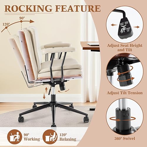 Miniatura 9 de Silla de escritorio de oficina ancha sin brazos con ruedas, silla de tocador de piel sintética, cómoda silla giratoria ajustable y ergonómica con