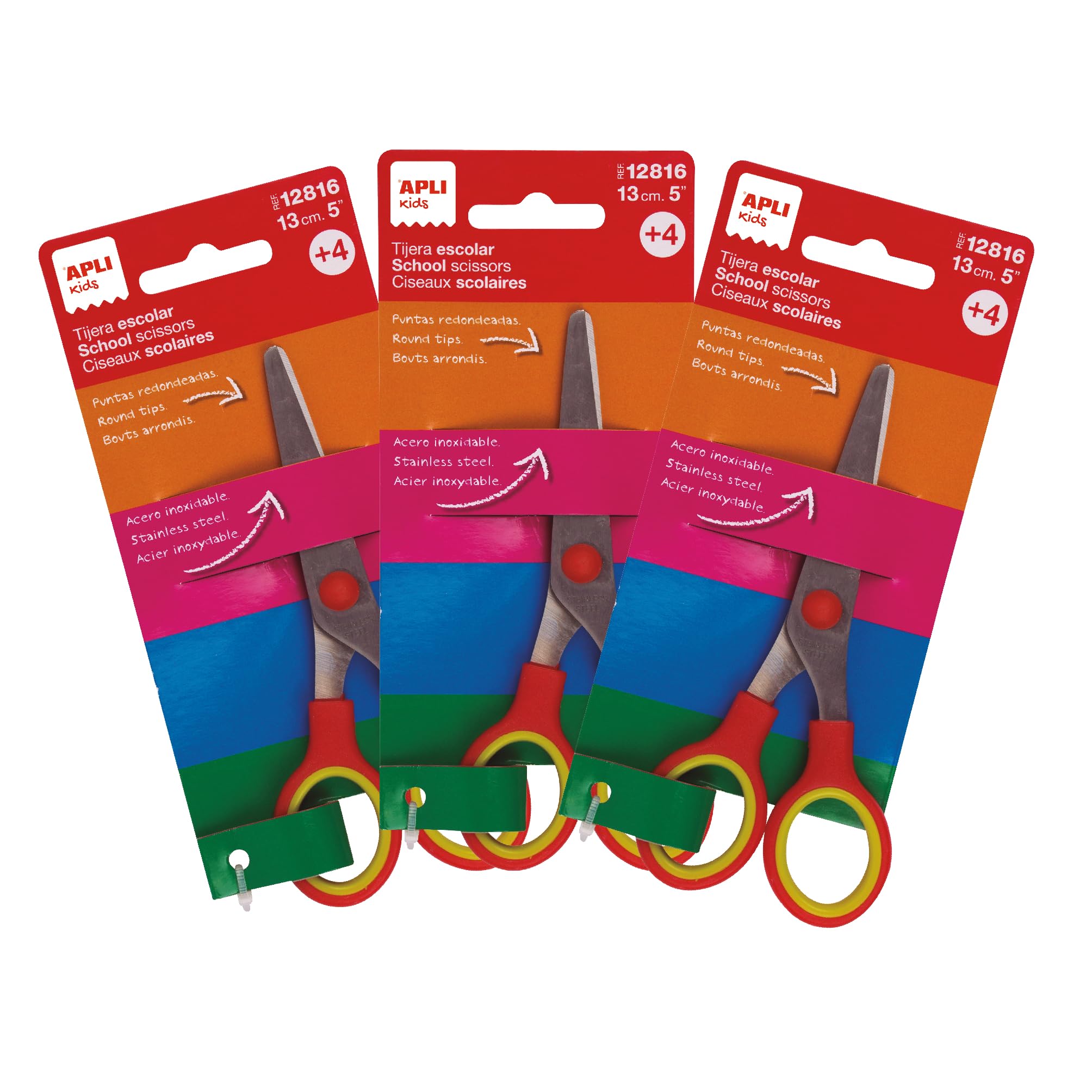 APLI Kids 20596- Confezione di 3 forbici da scuola da 13 cm con punta arrotondata | manico ergonomico bicolore e lame in acciaio inossidabile per bambini +4 anni