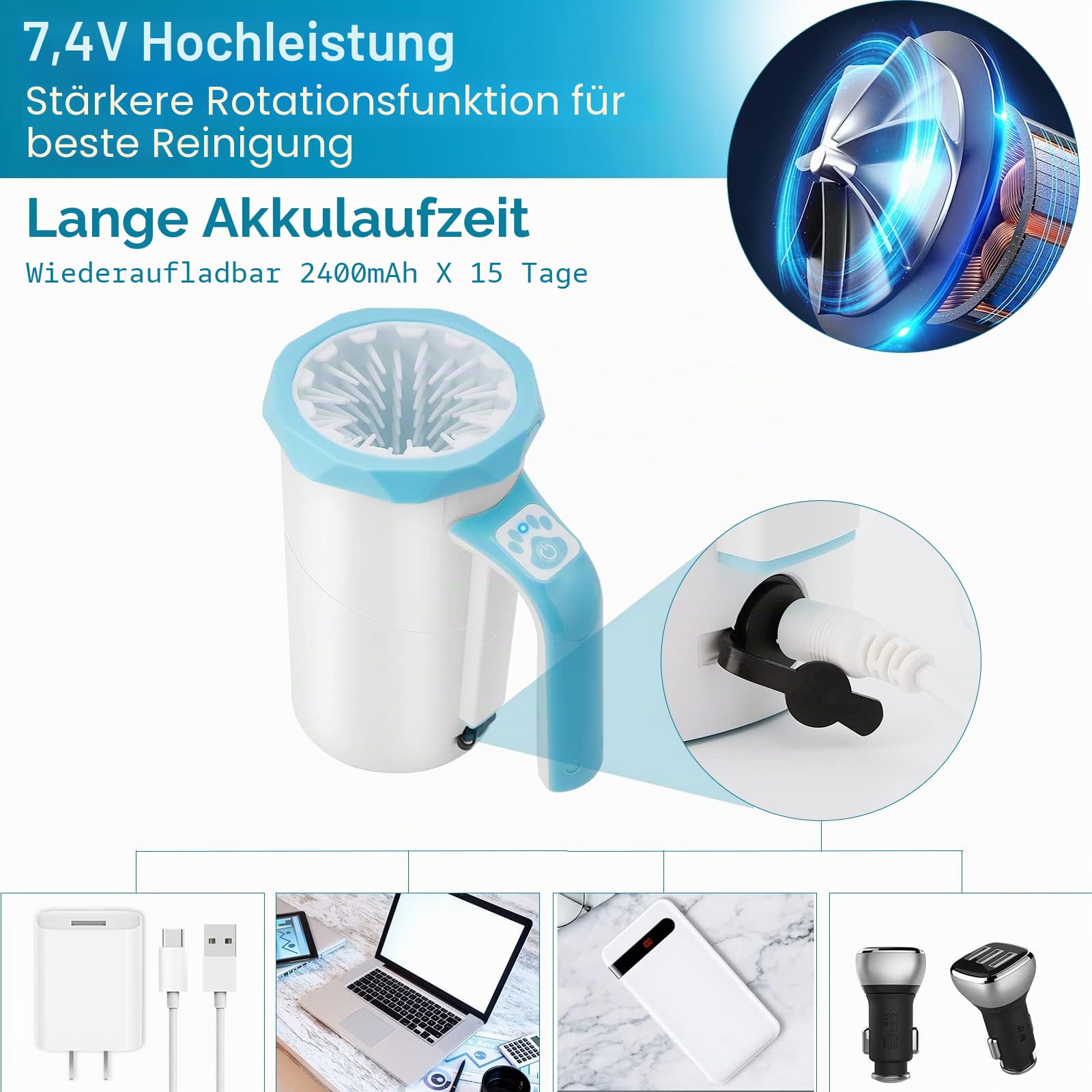 MYPIN Automatischer Hundepfotenreiniger, 7.4V Rechargeable Dog Paw Washer Cup, 2 in 1 Tragbarer Haustier Pfotenreiniger, Hundefußreiniger geeignet für große Hunde und Katzen (blau)