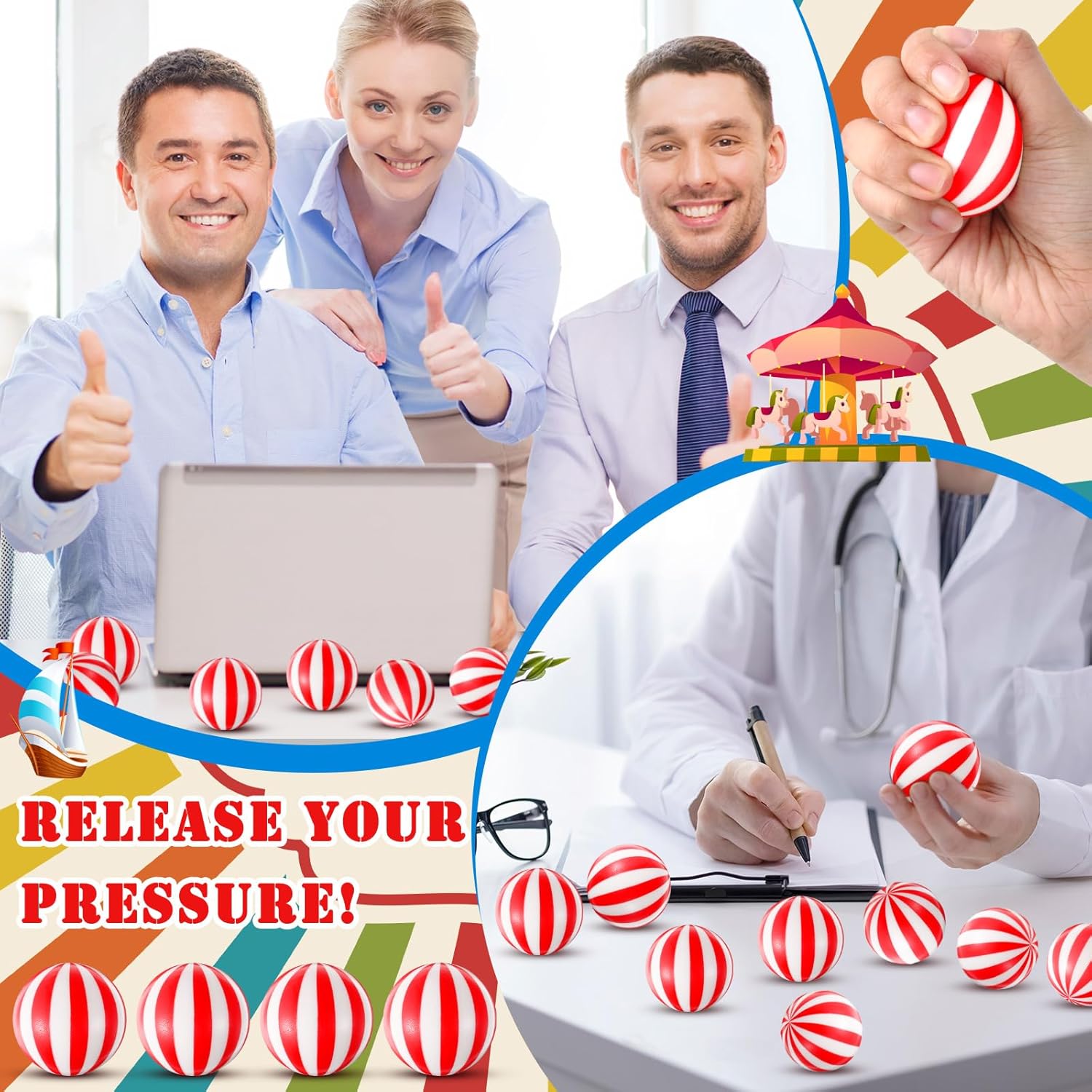 Libima 50 Pcs 2'' Stress Ball Squeeze Fidget Toy Themed Party Favor Fun Stress Relief Toy for Teen Adult Improve Grip Strength Release Pressure Finger Exercise (Carnival)