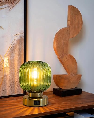 Miniatura 4 de Lámpara de mesa pequeña táctil, elegante lámpara de noche de cristal verde, regulable de 3 vías con puertos de carga USB C+A, mesita de noche para