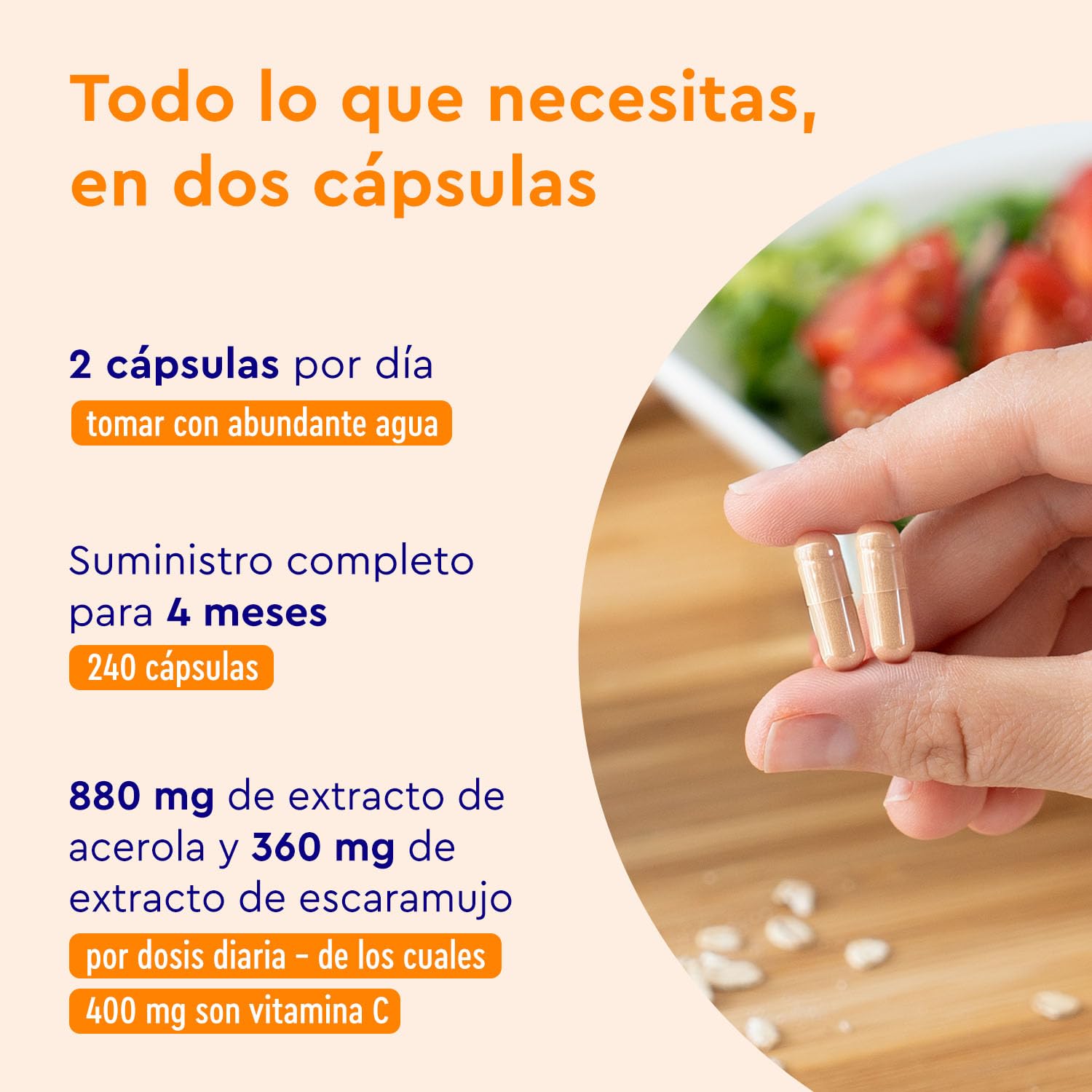 Vitamina C Natural 1.240mg - 240 Cápsulas - A base de Extractos de Acerola y Escaramujo - Refuerza el Sistema Inmunitario y el nivel de energía - Vitamina C pura - Probado en laboratorio