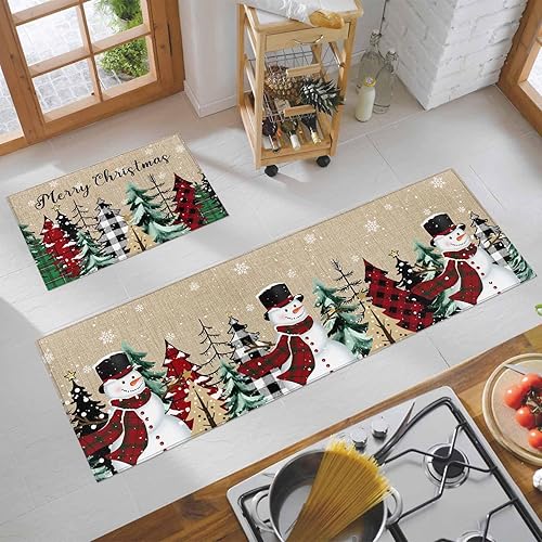 Miniatura 73 de Alfombras de cocina de Navidad absorbentes antideslizantes para piso, árbol de Navidad, muñeco de nieve y copo de nieve, alfombras y tapetes