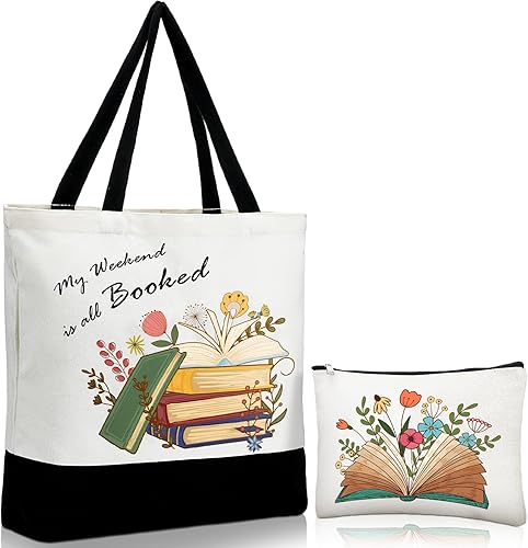 Cunno 2 bolsas de mano para amantes de los libros, con bolsa de maquillaje, bolsas florales estéticas para profesores, juego de regalo de