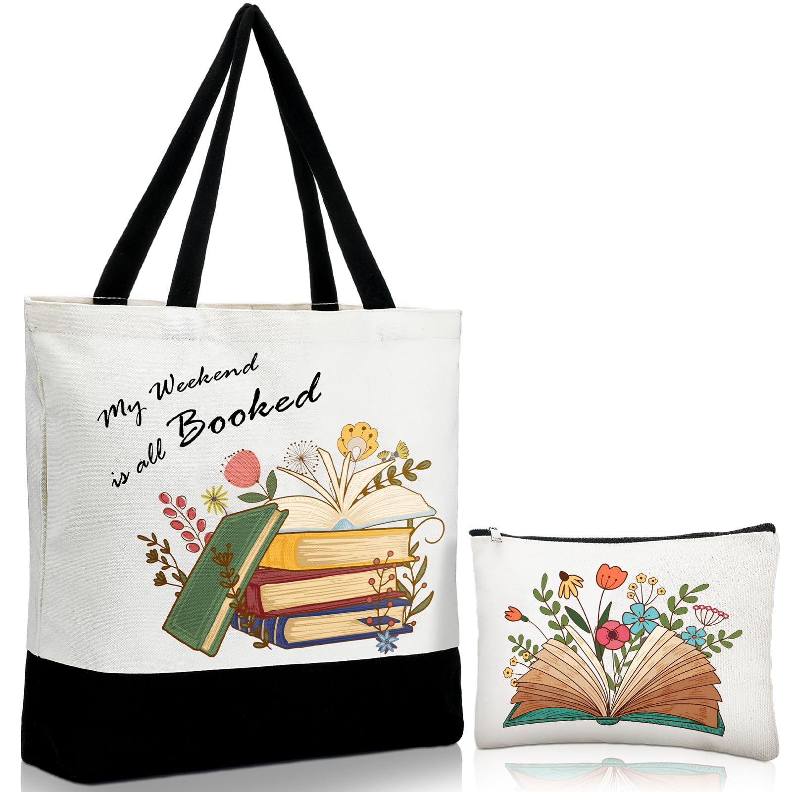 Cunno 2 Pcs Book Tote Bags Purse Set Book Lovers Gifts Canvas Tote Bags Librarian Bookish Birthday Gifts