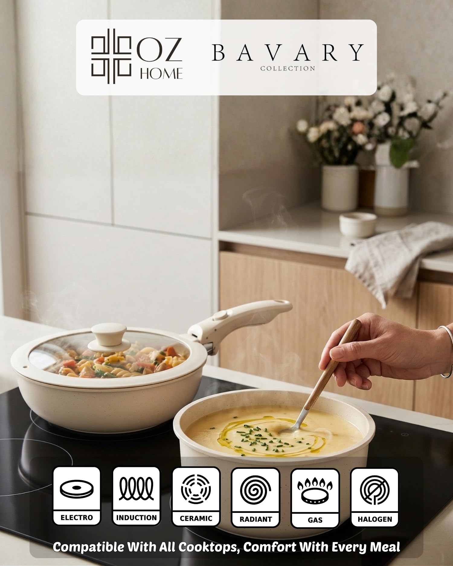 BAVARY Batería De Cocina 11 Piezas Mango Extraíble: Juego De Ollas Y Cacerolas De Cocina Inducción Antiadherente Con Tapas - Cazuelas Inducción, Ollas Cocina, Cazo Cocina - Apilable, Crema