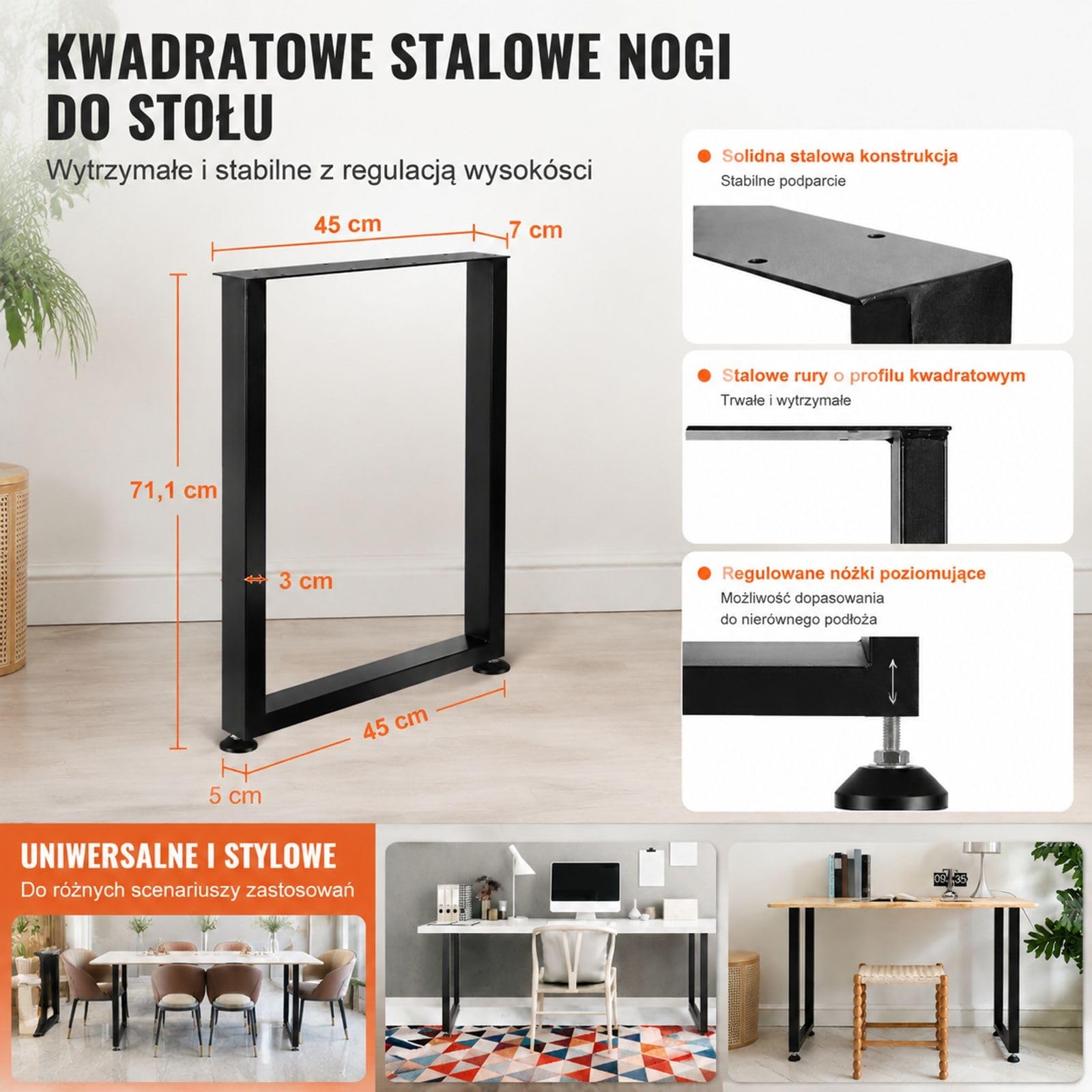 Zestaw 2 czarnych prostokątnych nóg stołowych ze stali węglowej z płytami montażowymi i regulowanymi stopkami do stołów kuchennych, konsolowych i studyjnych