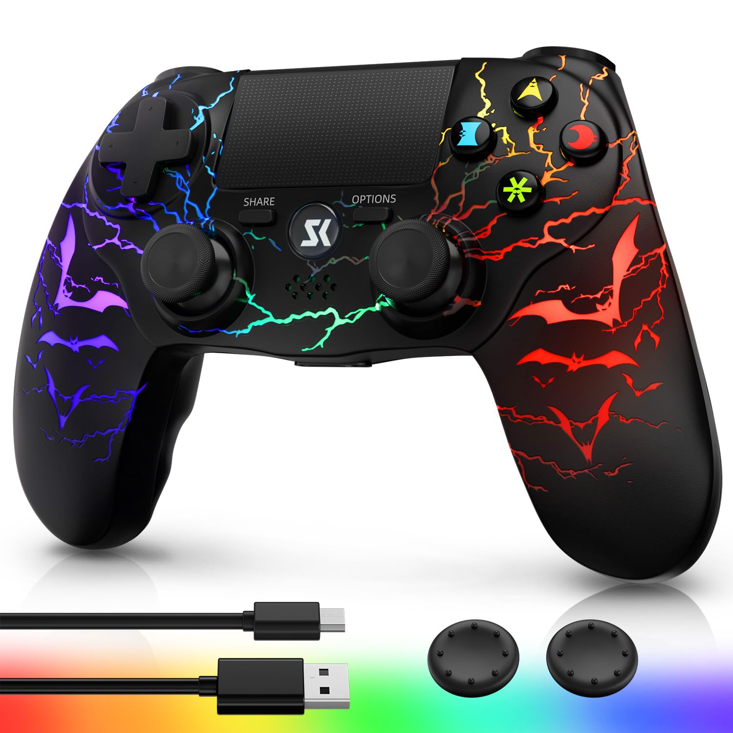 CHENGDAO CHENGDU Manette PS4 Sans Fil, Manette de Jeu pour PlayStation 4/Pro/Slim avec Éclairage RVB Réglable, Batterie 1000mAh, Capteur de Mouvement 6-Axes, Double Vibration, Jack Audio 3.5mm