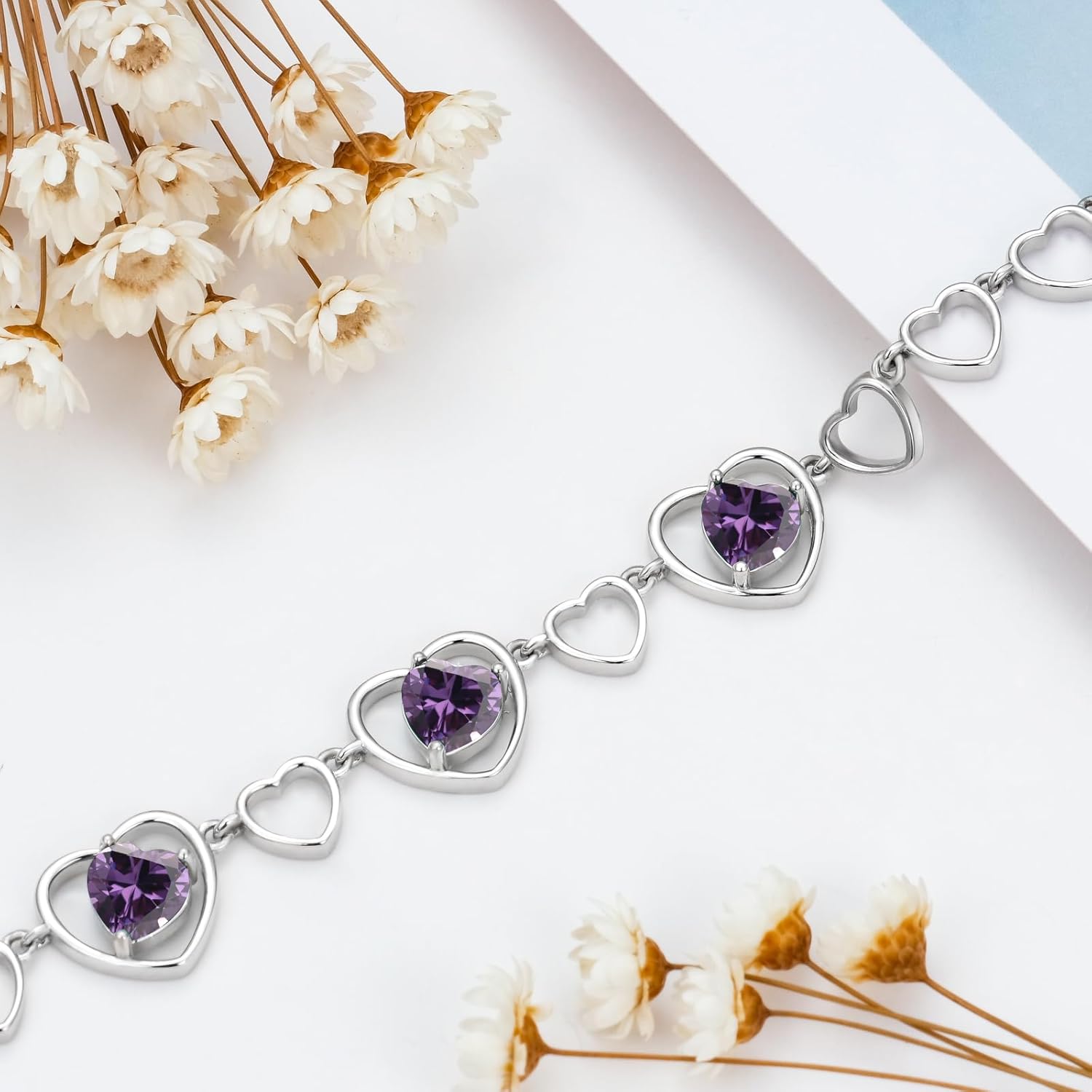 Mother's Day 3 Heart Birthstone Bracelet 925 Sterling Silver Gemstone Bracelets Jewelry Gifts for Women Wife Mother 6.5-inch Chain and 2-inch Extender - Image 4