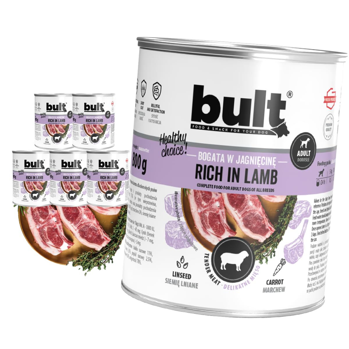 BULT Natürliches Nassfutter für Hunde,Hundefutter Nass, Lammfleisch | Food & Snack FÜR IHREN Hund, Lammpastete, 800 g, Alle Altersgruppen, 6 Stück