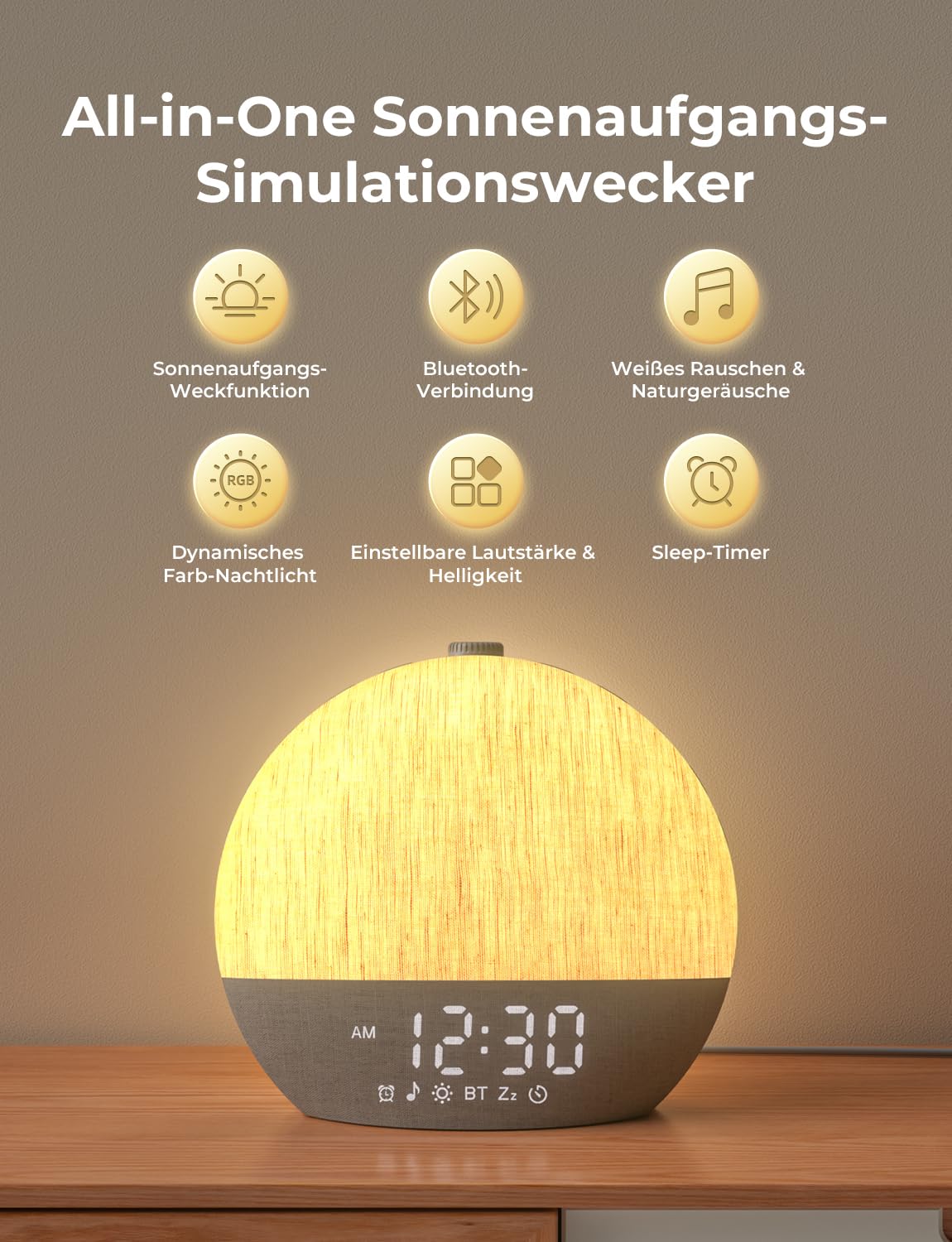 LIORQUE Tageslichtwecker, Sonnenaufgang Simulation, Bluetooth, Stoffdesign