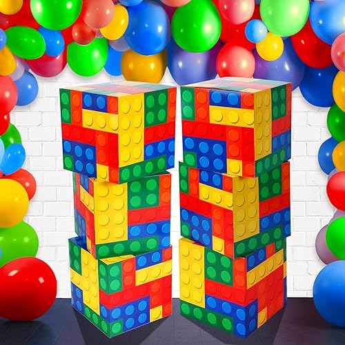 Outus 6 cajas de fiesta de bloques de construcción de 11.8 x 11.8 pulgadas, caja estilo bloque de construcción, temática de bloques de construcción,