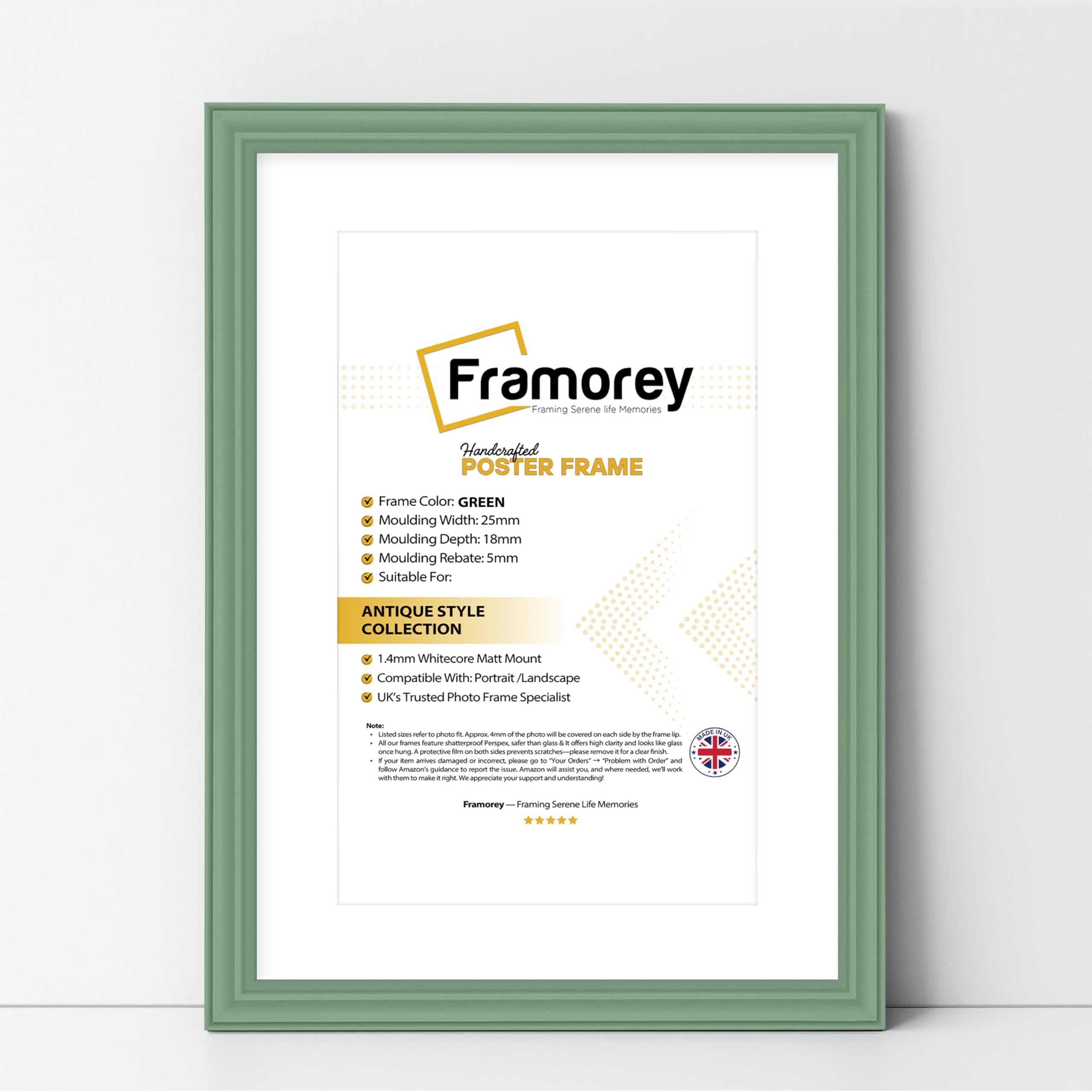 FRAMOREY LW Antique Style Photo Frames 14x12" Size Green Picture Frame With 12x10" Size White Mount, Wall Hanging Poster Frame, Photo Print Frames