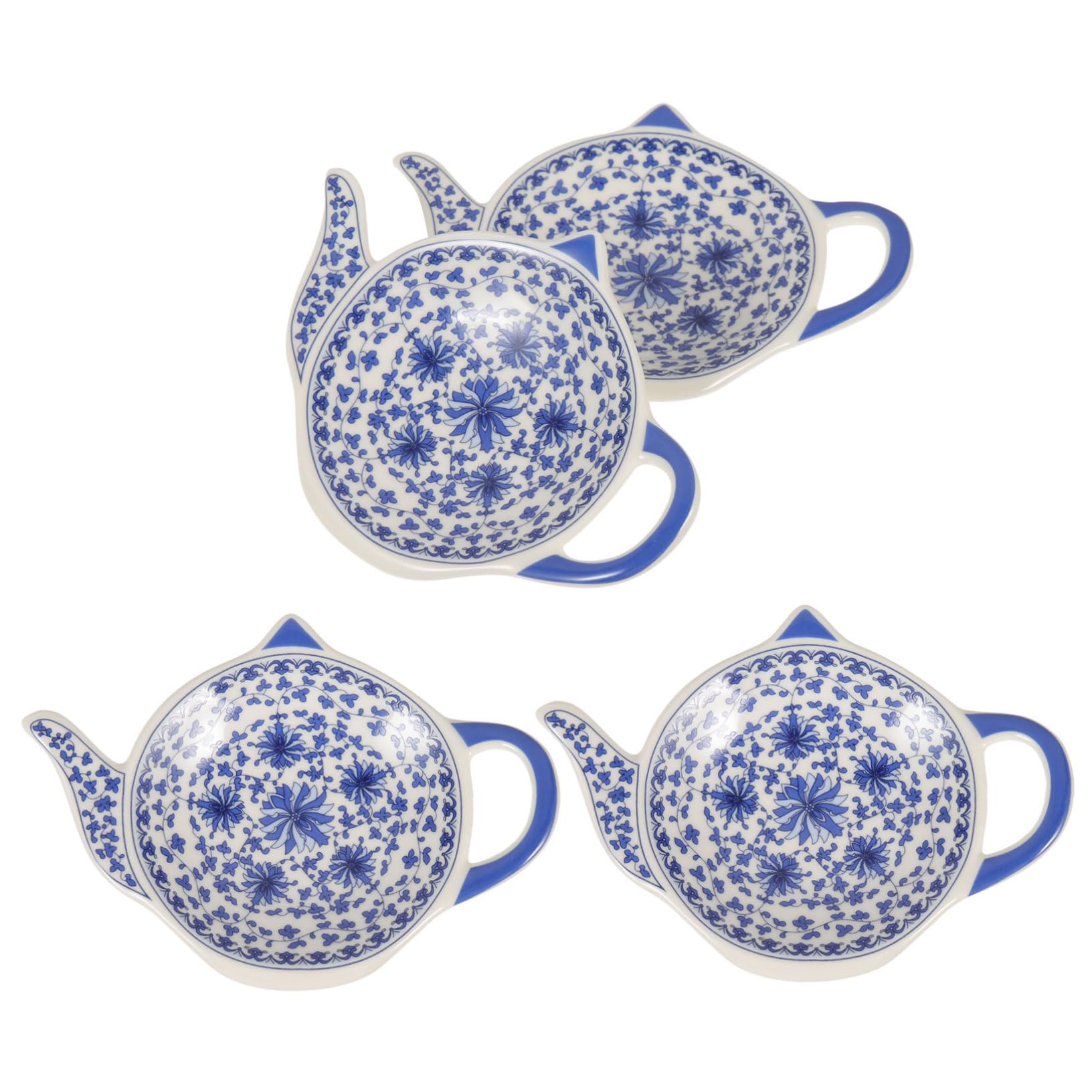 MUCKLILY 4pcs Teapot-Shaped Tea Bag Holder Dish Decorative Teabag Organizer for Snacks and Dipping Dishes for Kitchen Counter and Breakfast Table Floral Design