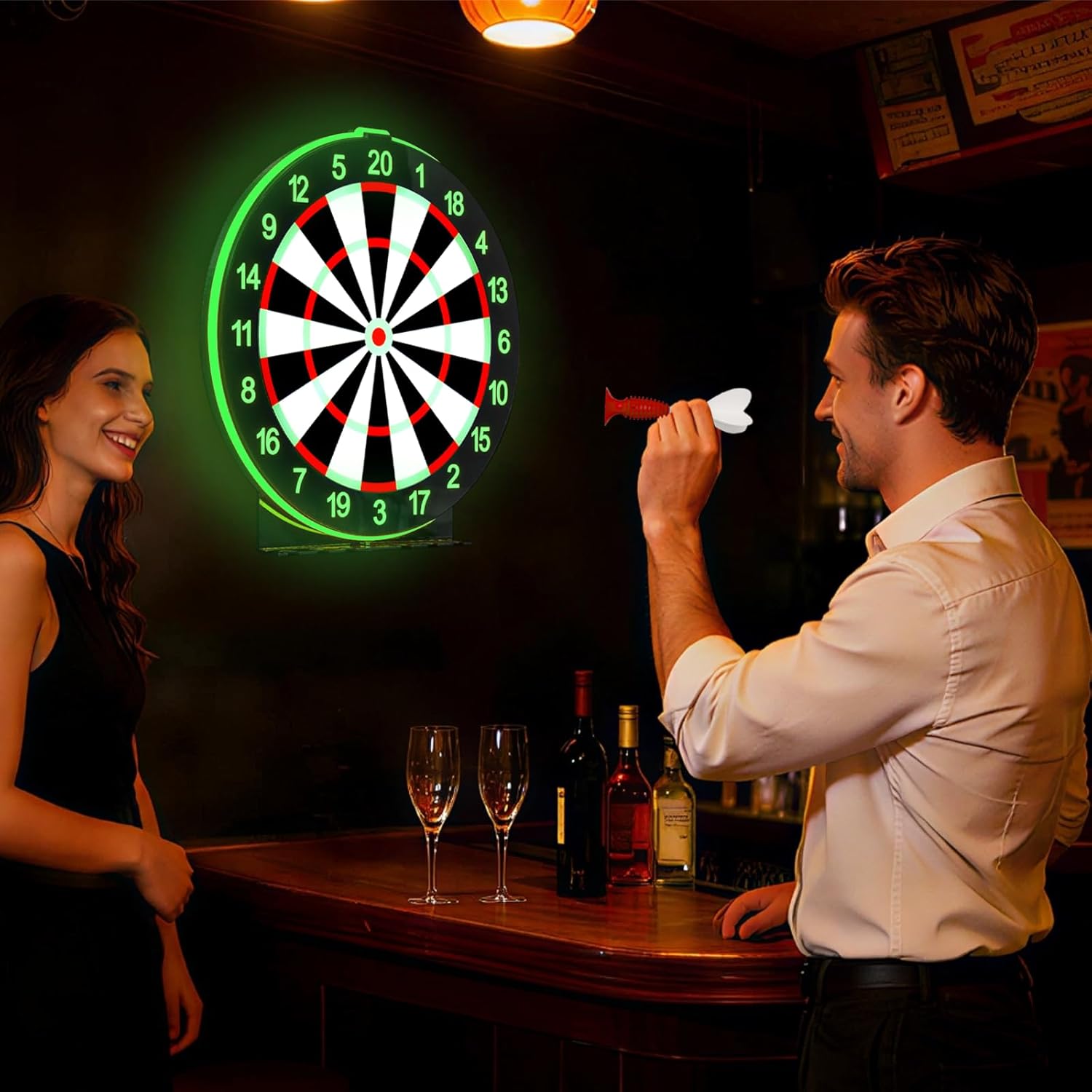 LED Light Up Dart Board with 6 Safe Suction Cup Darts, 13-Inch LED Dartboard with Backlight, Includes Dart Stand, Excellent Indoor Game, Party Games, Bar Games, Family Fun, Room Wall Decor (White)