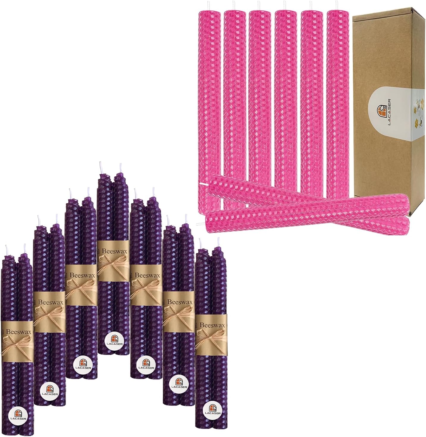 Purple & Pink Beeswax Taper Candles for Advent Day by Lacaser,9" Tall Candle, Unscented & Dripless, 4 Hour Burn Time