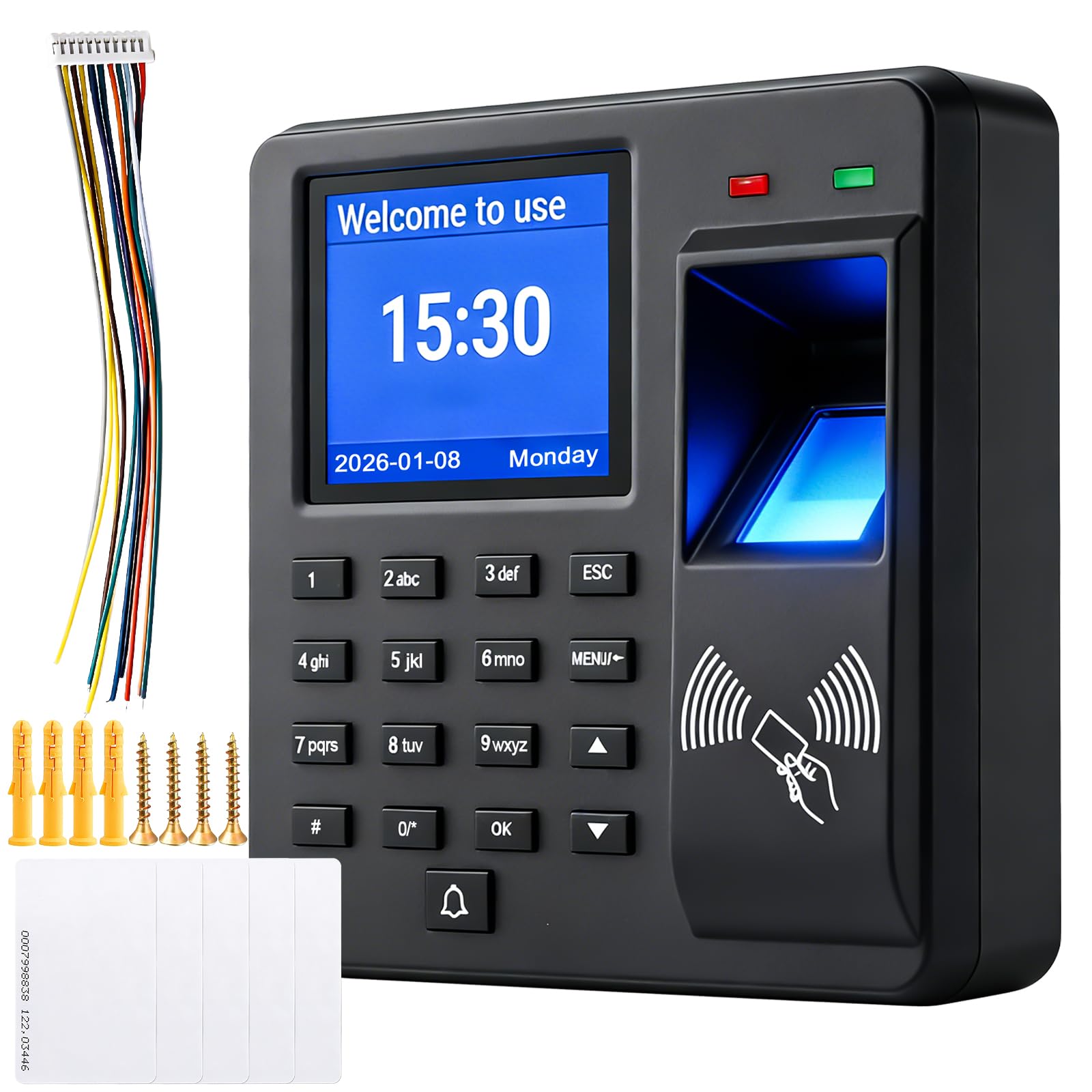 Zeiterfassung für Kleinbetriebe, Fingerabdruck Stempeluhr+RFID Zeiterfassung+Passwort, 1000 Fingerprint Zeiterfassungsgerät mit 5 RFID Karten+12 Sprachen, Arbeitszeiterfassung für Eingangskontrolle