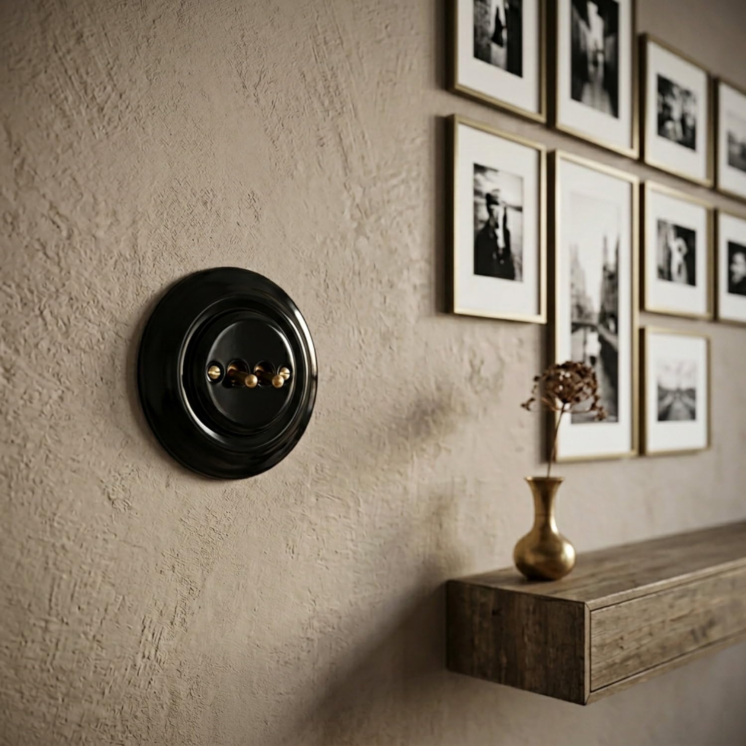 Unterputz Porzellan Retro Toggle Brass Doppelschalter, All-in-One, Serie PR1 schwarz