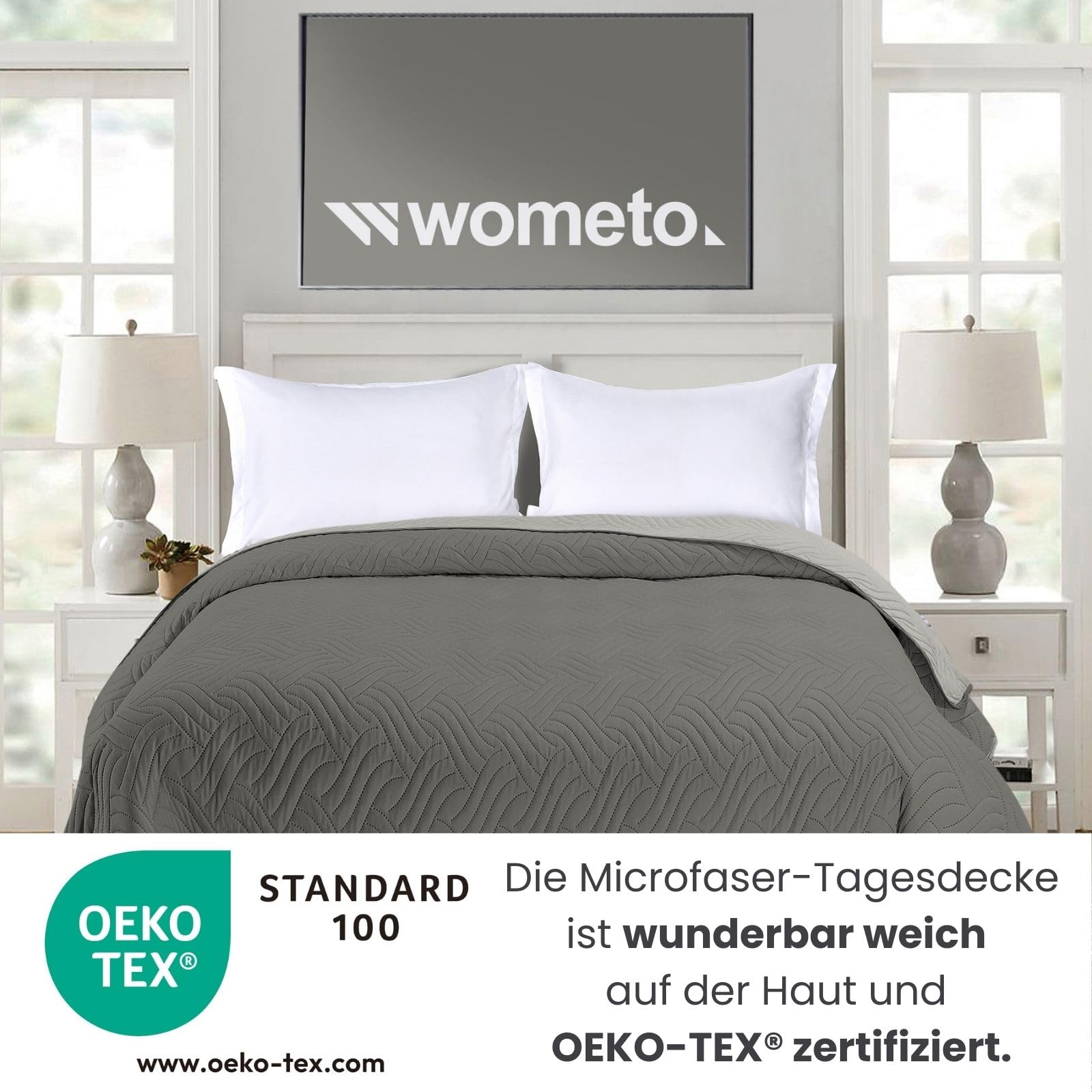Wometo OekoTex Narzuta 220 x 240 cm - Poszewka z Mikrofibry, Szara, Watowana, Pikowana, Dwustronna, XXL, na Sofę i Łóżko