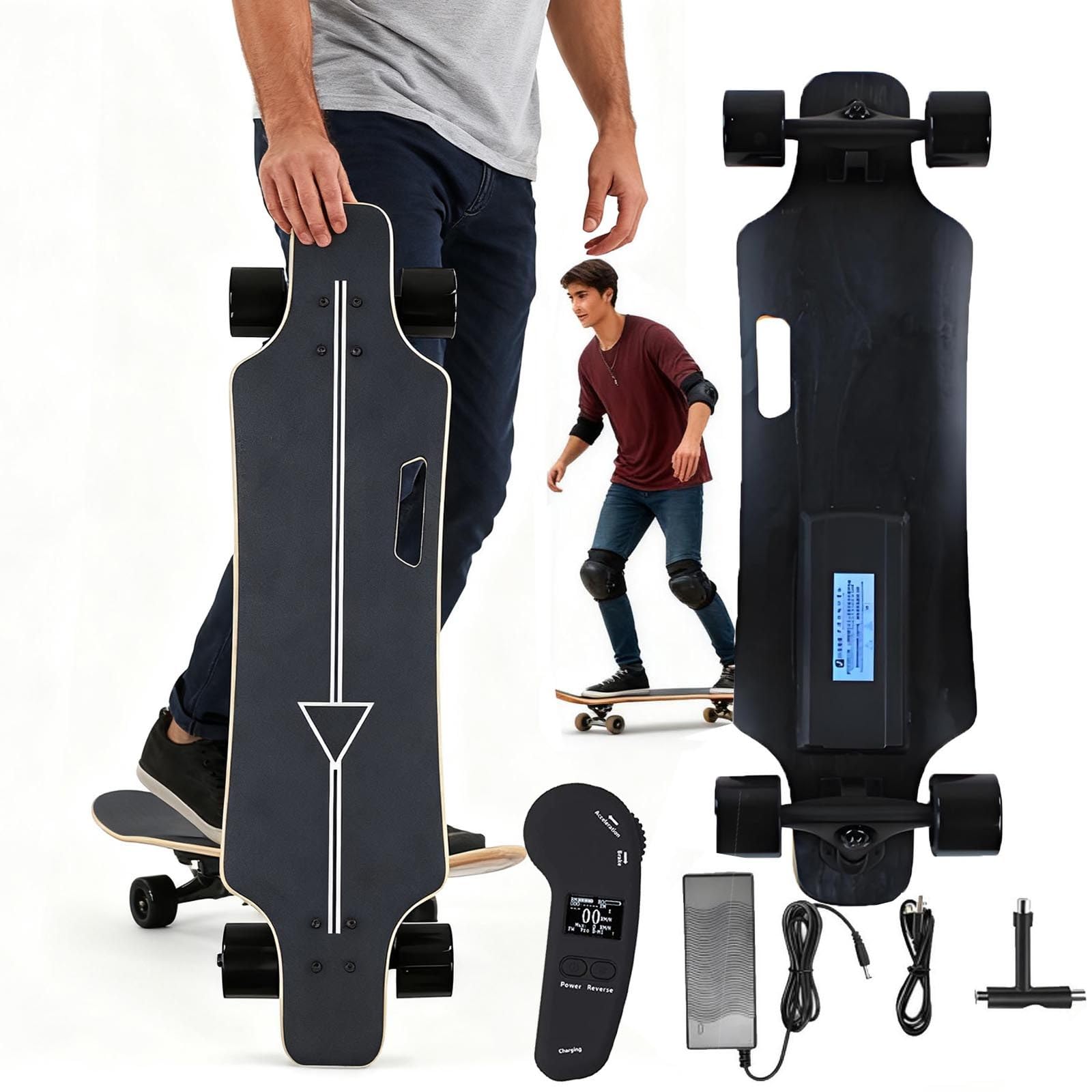 Skateboard éLectrique Longboard avec éCran LCD Et TéLéCommande - Autonomie Jusqu'à 8/15/22/30 Km, 4 Vitesses, Roues De 74Mm, Planche éLectrique Portable pour DéPlacements 15km