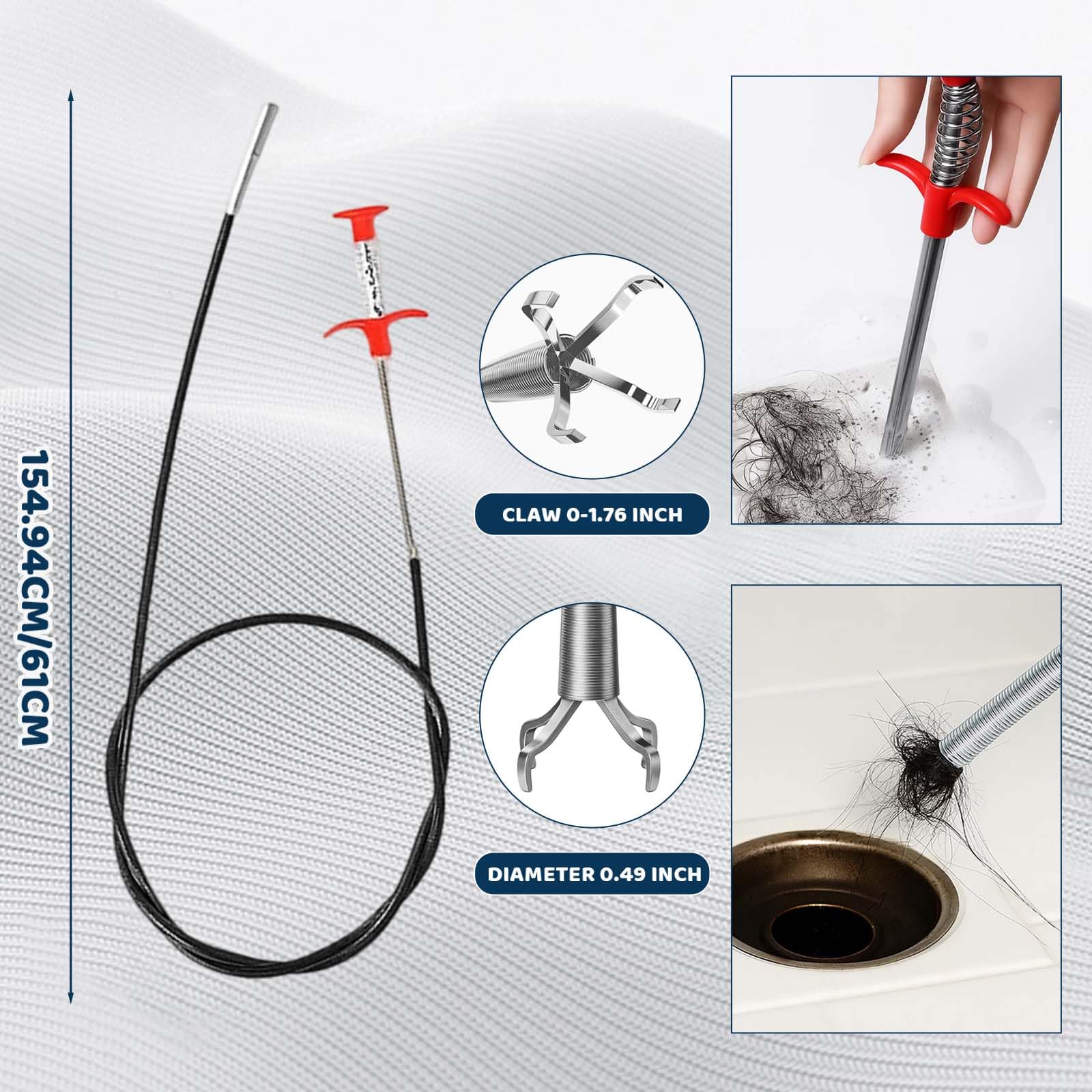 Juego de 5 espirales para limpieza de tuberías, 10 m, manivela de mano con guantes, gancho limpiador de tuberías, bolsa de almacenamiento, desatascador de desagües para cocina, baño, ducha, lavabo