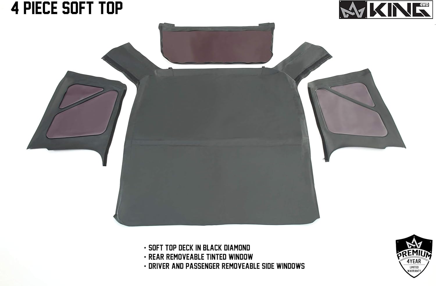 King 4WD Premium Replacement Soft Top Without Upper Door Skins - Black Diamond Body with 31% Tinted Windows are Suitable for Jeep Wrangler TJ 1997-2006
