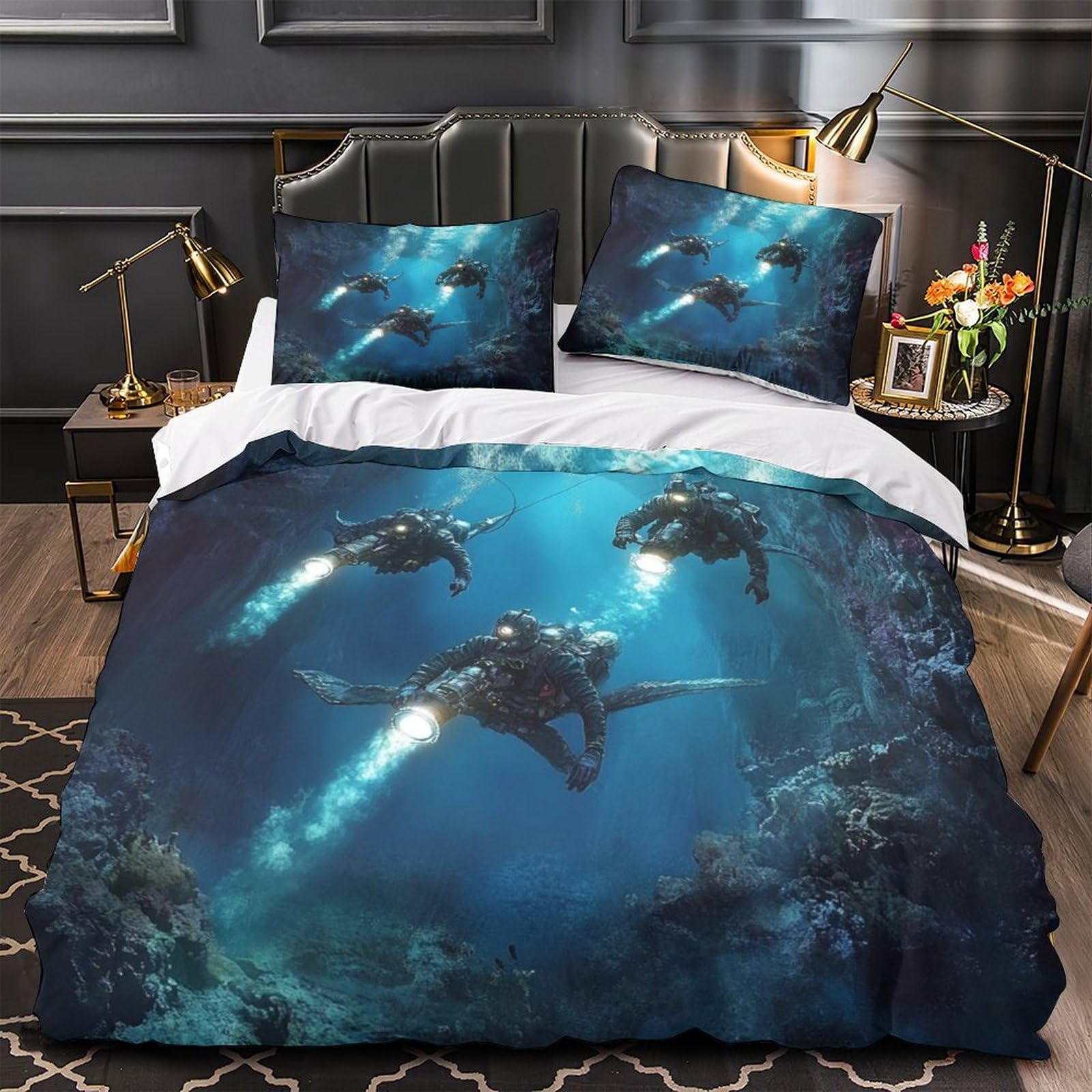 3D Printed 3-Piece Bedding Set Home Decor Zipper Extra Soft Underwater Explorers Duvet Cover Breathable Anti-allergic for Youth,Boys,Adults Scifi Dive Adventure Comforter Cover King（220x240cm）