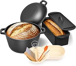 GFTIME Gusseisen Topf Set, Robuste Brotbackform, Idealer Brottopf, Brotbacktopf, Gusseisentopf Brotform, 5L Brot Backen inkl. & 3L Ovales Brotbackform Brotbackform mit Deckel inkl. Gärkorb