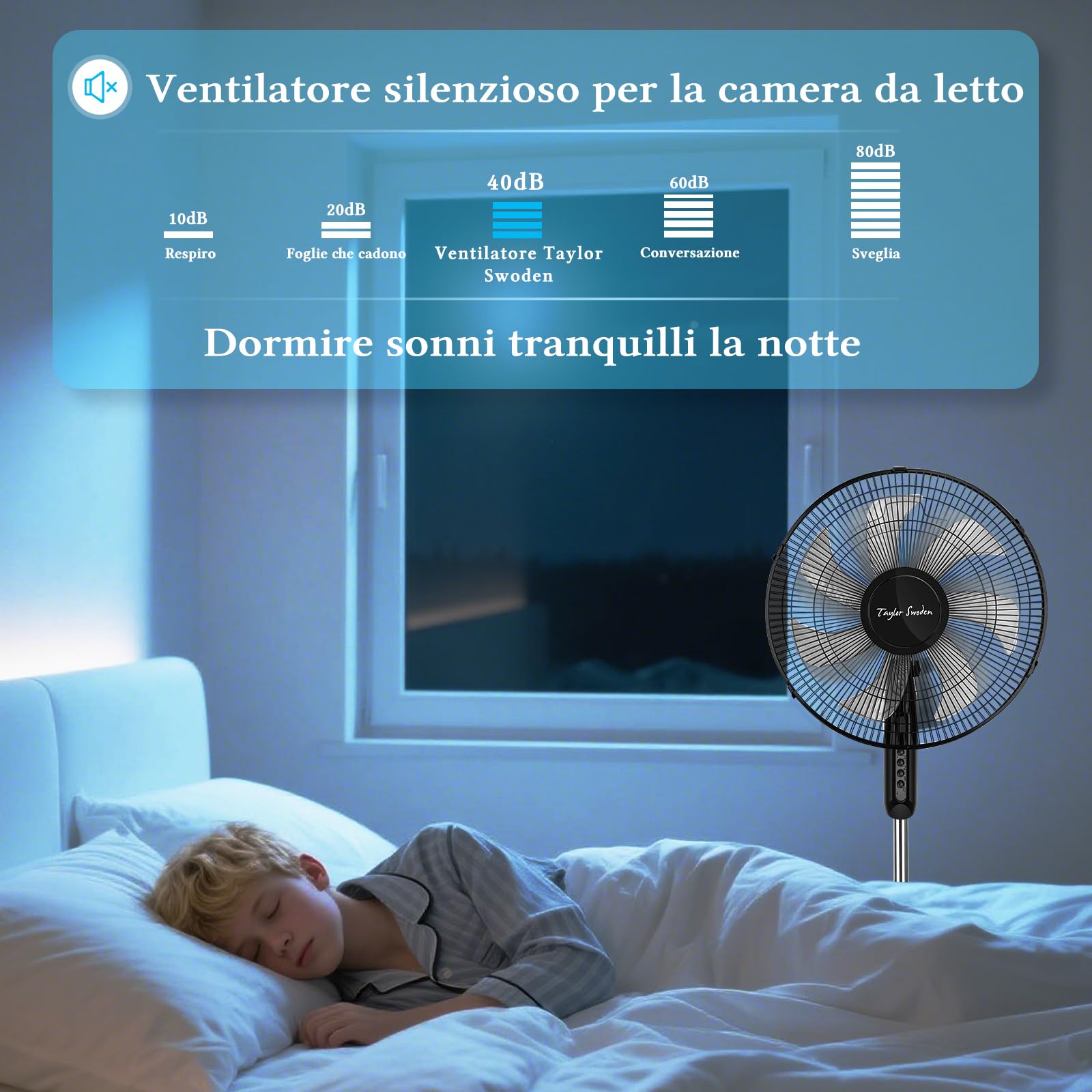 Taylor Swoden Ventilatore a Piantana Potente, 50W, 7 Pale, 3 Velocità Ventilatore Silenzioso, Oscillante, Altezza Regolabile, Griglia, Base Rotonda Stabile, Nero, 43x40x130cm
