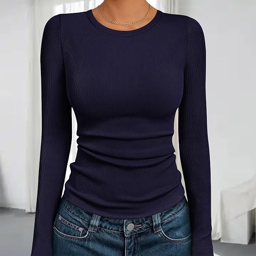 Blusa feminina de malha canelada, manga comprida, elástica, macia, casual, para mulheres, blusa básica com controle de barriga