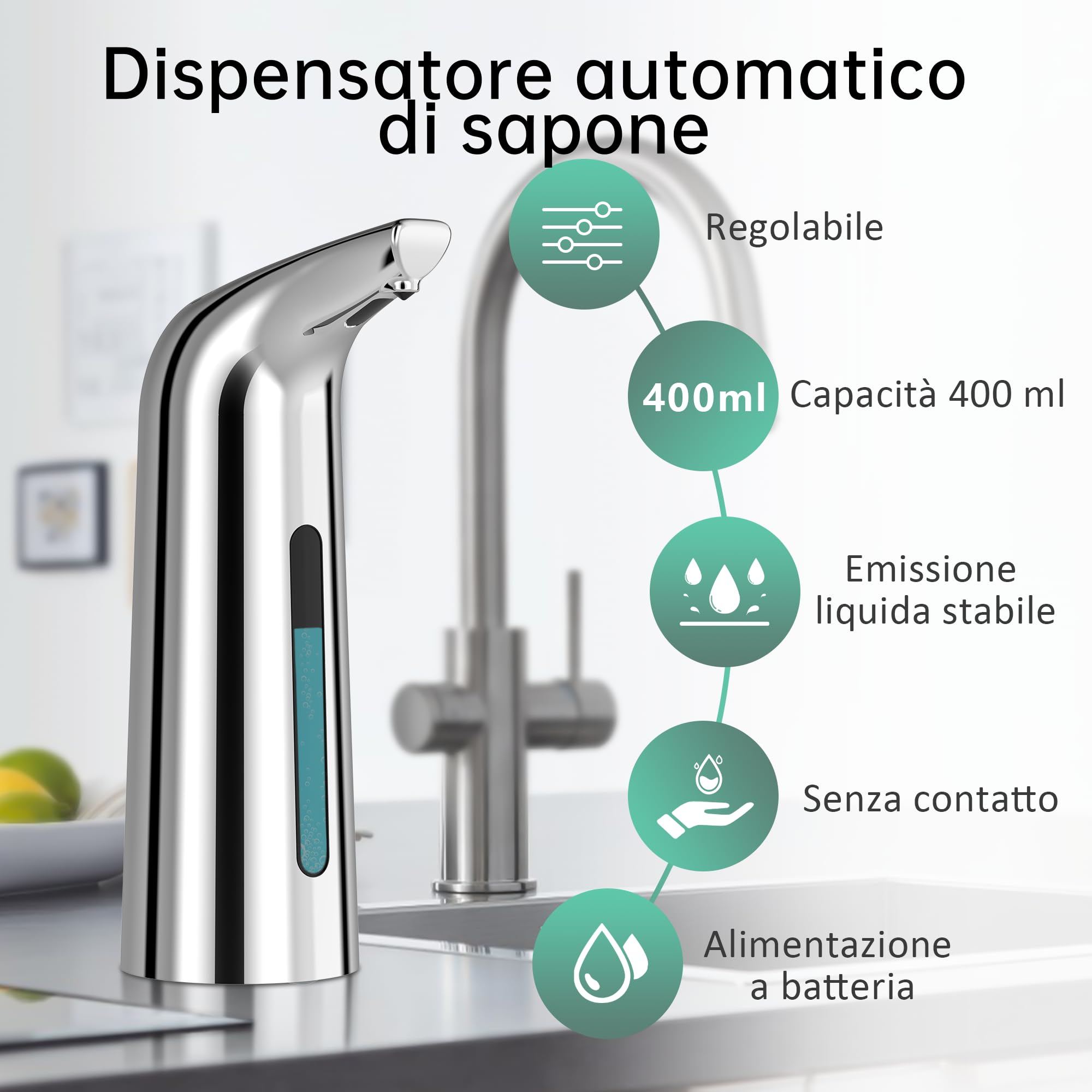 Dispenser Automatico Sapone Senza Contatto，Squisito 400ml Sensore Intelligente 4 Livelli Regolabile dispenser di sapone, Impermeabile IP65，alimentato a batteria，Adatto per Cucina, Bagno (Argento)