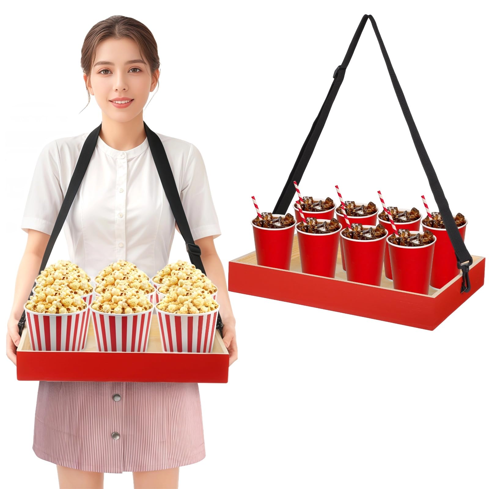 Photo 1 of yeesport Wooden Snack Tray with Strap, Handheld Serving Tray with Adjustable Shoulder Strap, Movie Popcorn Beverage Carrier, Vintage Red Drinking Holder for Parties and Picnics