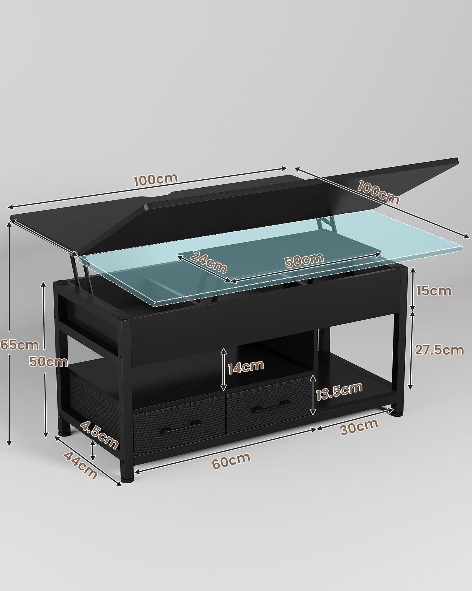 Couchtisch Höhenverstellbar, 3-in-1-Multifunktions-Wohnzimmertisch, Couchtisch mit 2 Schubladen, Kaffeetisch, Versteckte Aufbewahrung, Offenes Fach, Als Esstisch nutzbar, für Wohnzimmer, Büro, Schwarz