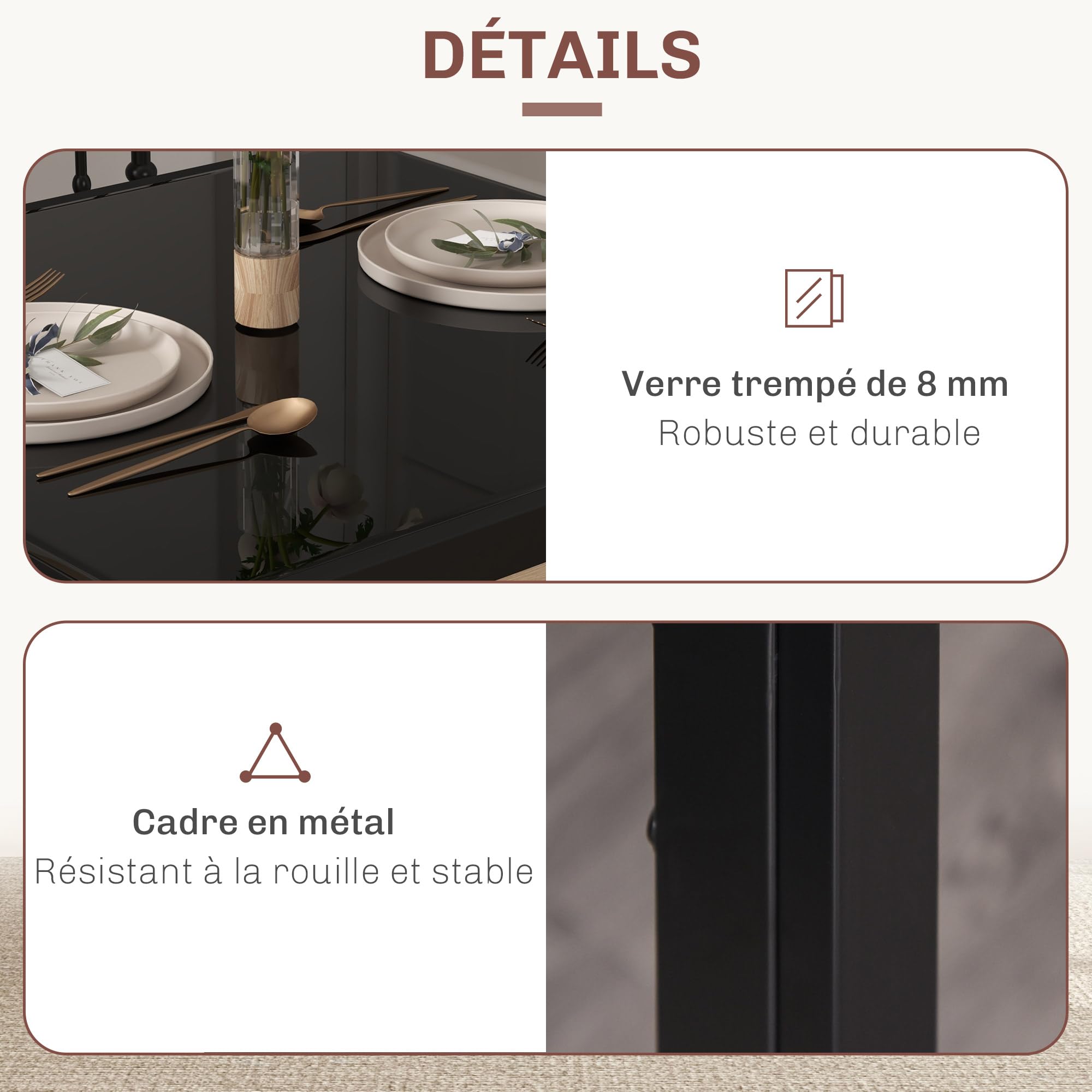 HOMCOM Ensemble Table à Manger et Chaises pour 2 Personnes, Table de Cuisine, Plateau Rectangulaire en Verre, Structure en Métal, Noir