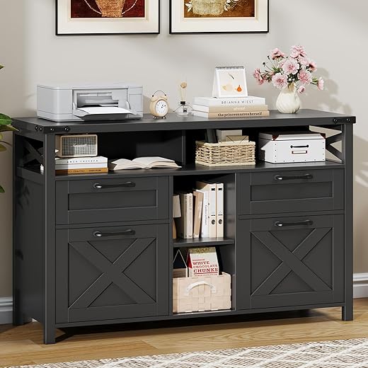 Halitaa Filing Organization Storage Cabinets 4 Drawer with Adjustable Shelf, Lateral Filing Cabinet with Open Storage Shelf for Home Office, Farmhouse,Pure Black..