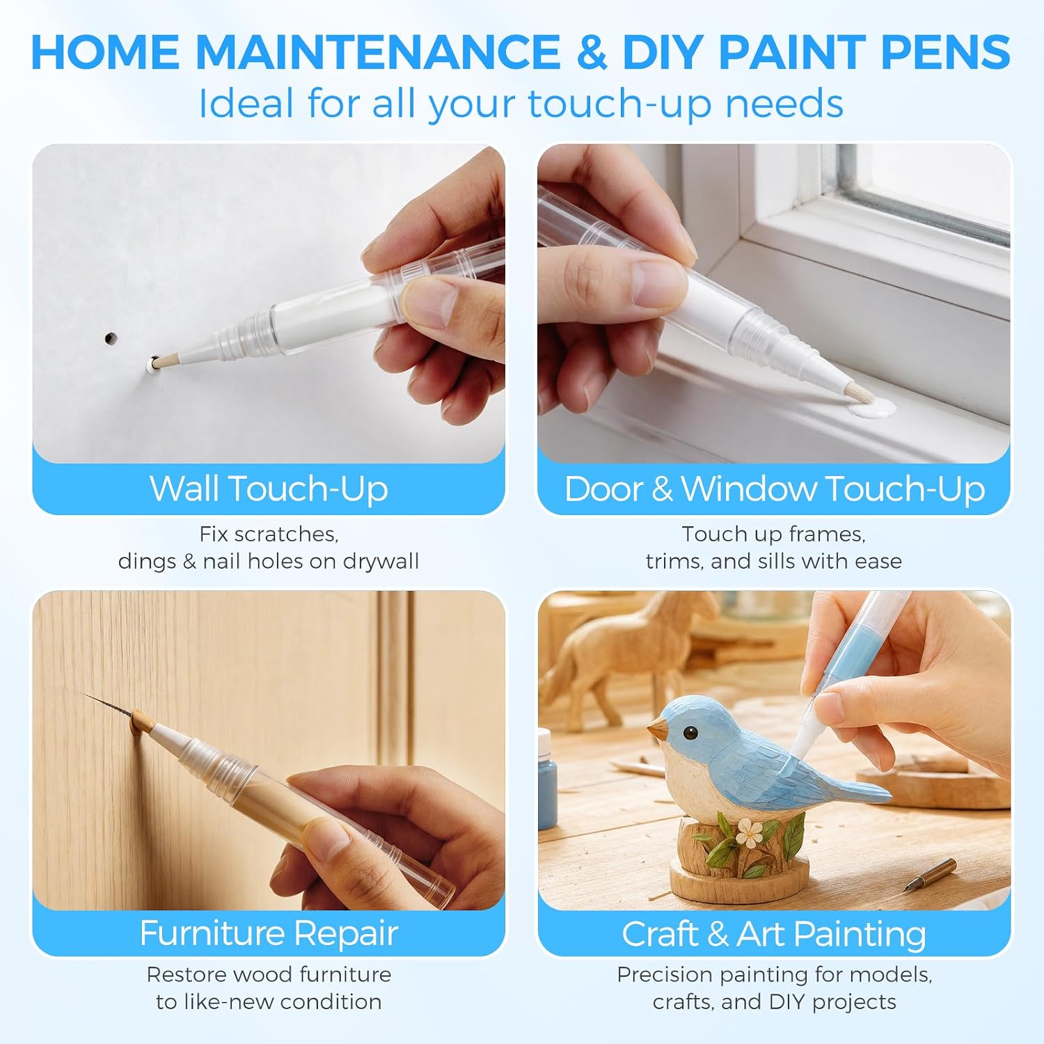 UPZIGS Refillable Touch Up Paint Pen, 3 Pack for Walls & Trim | Unscrew brush tip & Reset twist base for easy fill & refill latex, apply for cabinets, baseboards, furniture and DIY crafts