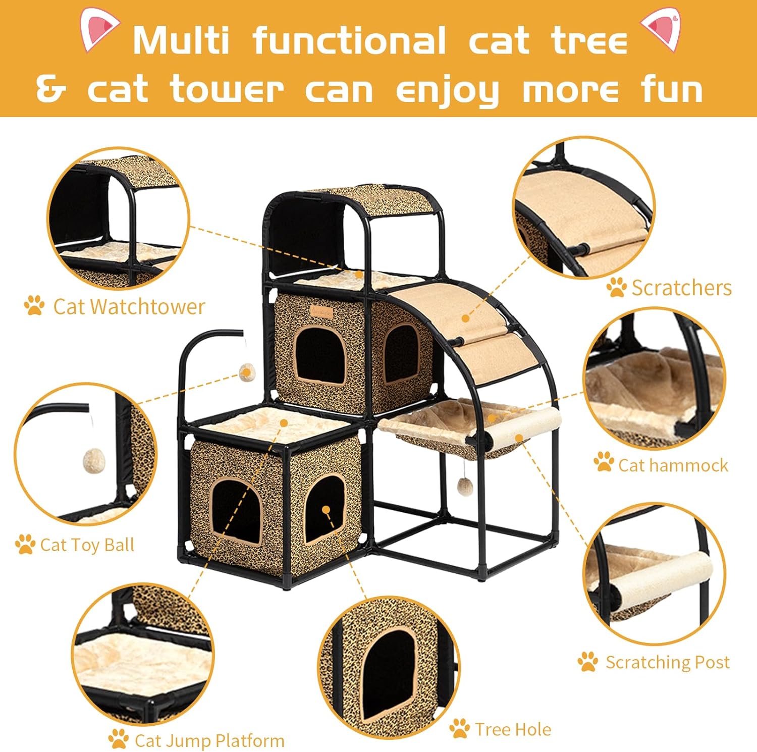 review Cat Tree for Large Cat Indoor, Cat Tower, Cat Condo, Two Cat Perch, Two Cat Caves, Soft Cat Basket, Sisal Scratching Stairs, Toys(Leopard 02)