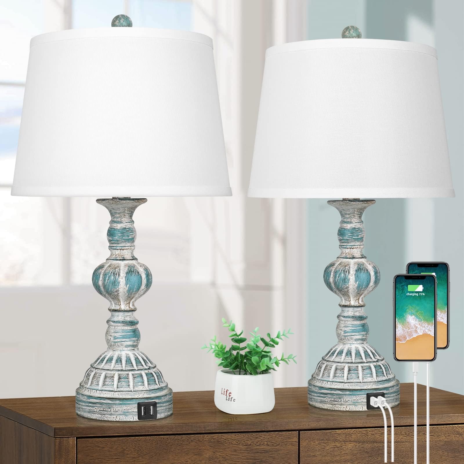 Farmhouse 3-Way Dimmable Touch Table Lamps with 2 USB Ports, Set of 2 Coastal Bedroom Bedside Reading Lamps, Modern Rustic Nightstand Desk Lamps for Living Room in Washed Blue, LED Bulbs Included