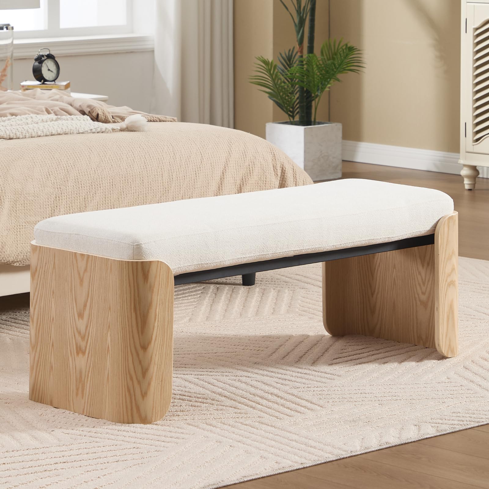 DUOMAY Modern White Chenille Bedroom Bench, 49" Wide Long Entryway Bench with Solid Wood Legs Upholstered Dining Bench Ottoman for Living Room Indoor