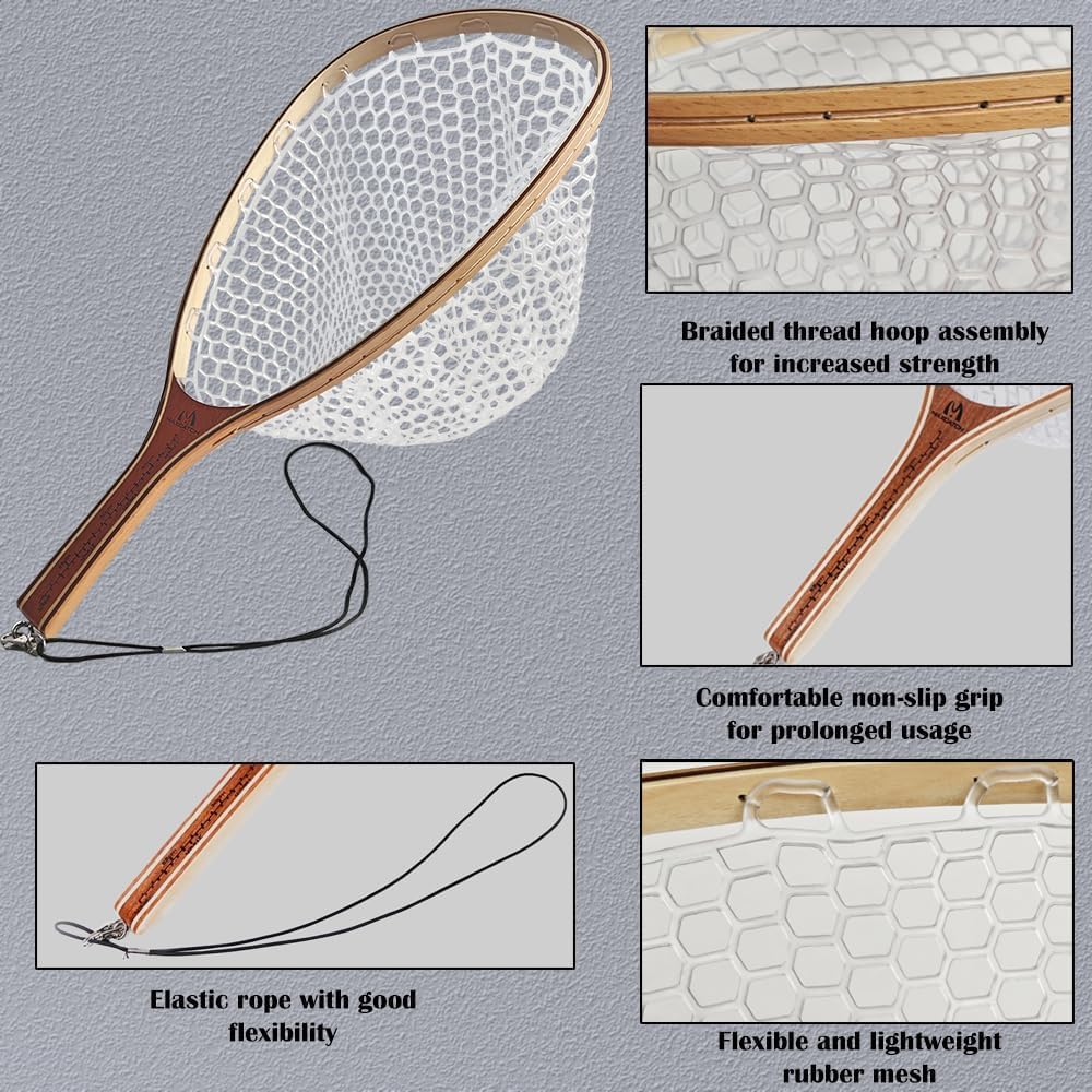Maxcatch Fly Fishing Net, Built-in Ruler on the Handle, Wooden Frame Soft Rubber Mesh, with Magnetic Net Release Included, for Safely Landing Hooked Trout Bass