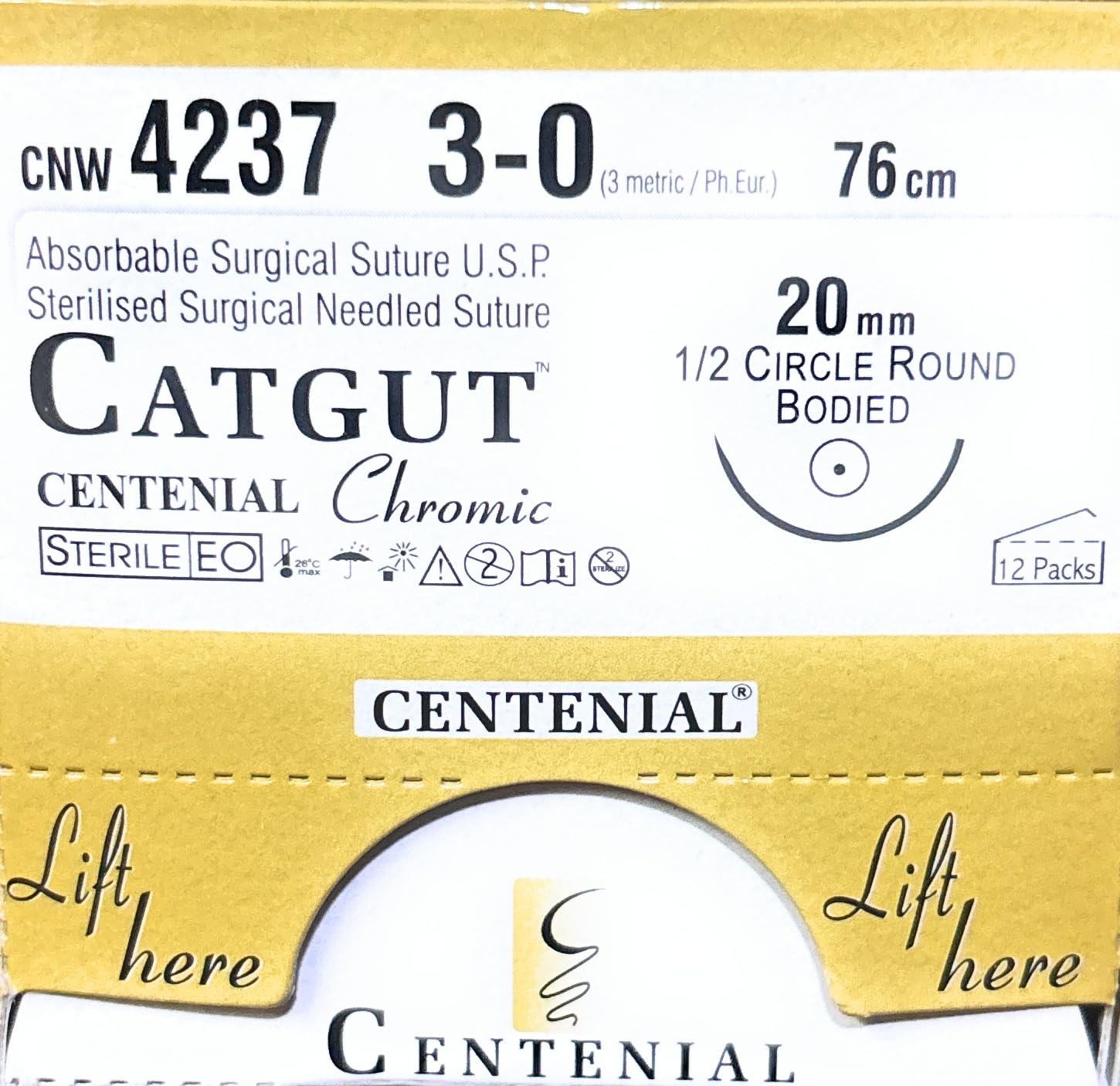 Chromic Catgut 3-0,CNW-4237, Pack of 2(Count 24 pcs) 76cm,20mm 1/2 Circle Round Body Aabsorbable Surgical Suture U.S.P Surgical Threads Centenial Stitching Thread