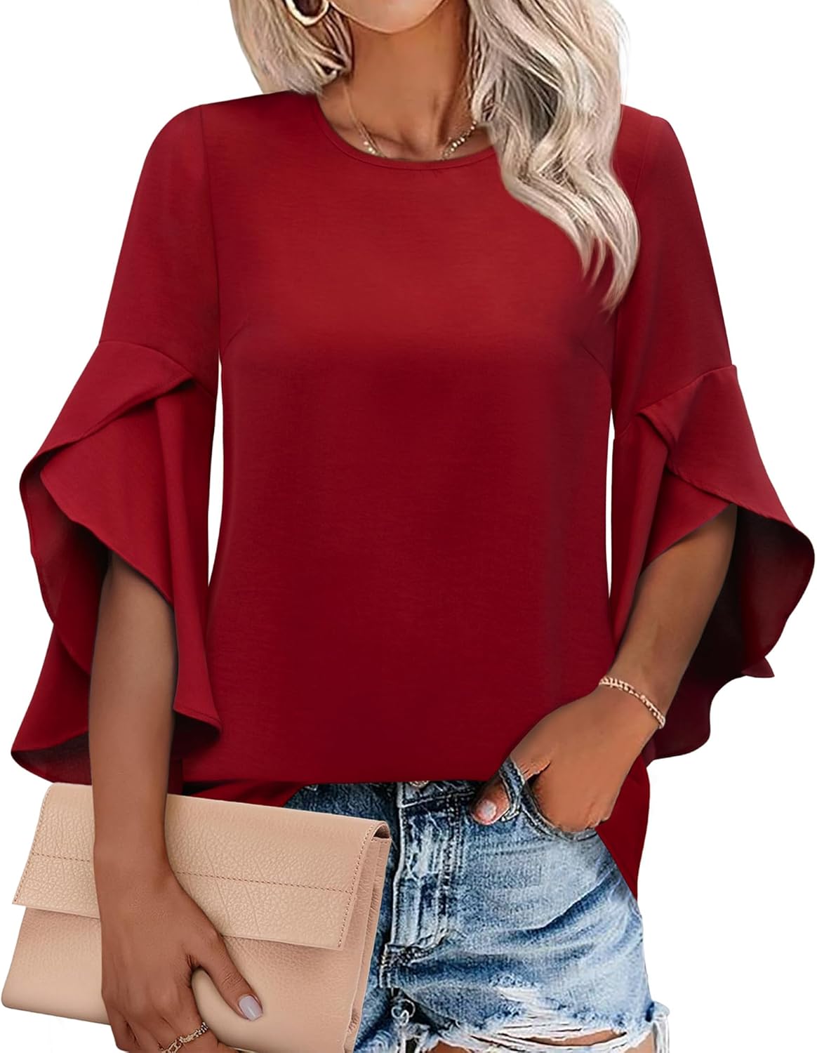 Womens Ruffle 3/4 Length Sleeve Tops 2026 Trendy Summer Dressy Casual Chiffon Blouses Loose Fit Work Shirts