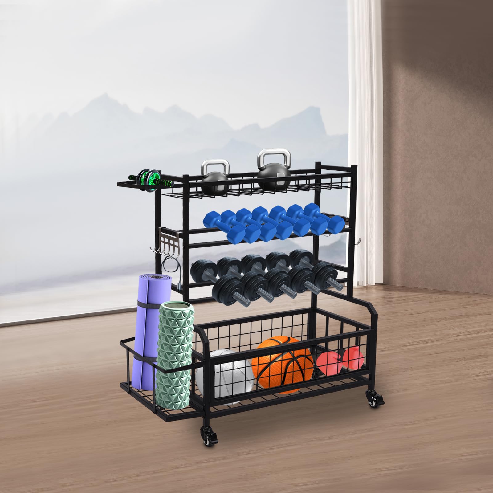 Soporte de pesas para gimnasio en casa, mancuernas, soporte para mancuernas con ruedas, para gimnasios, estudios de yoga, color negro, 102,5 x 40 x 105,6 cm