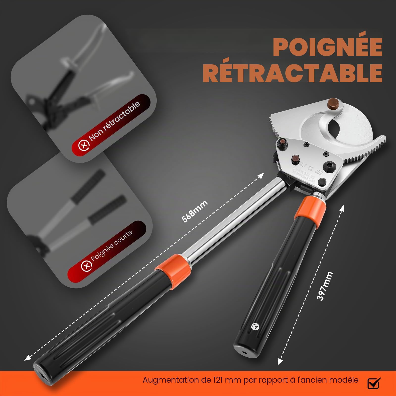 NEWTRY J52 Pince coupe-câble à cliquet robuste pour câbles blindés en cuivre et aluminium de 500 mm², coupe facile et professionnelle - Orange