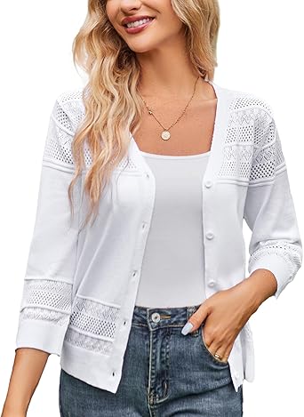 GRACE KARIN Women's 2025 Cropped Cardigan 3/4 Sleeve Lightweight Crochet Shrug Hollowed-Out Knit Sweater Tops