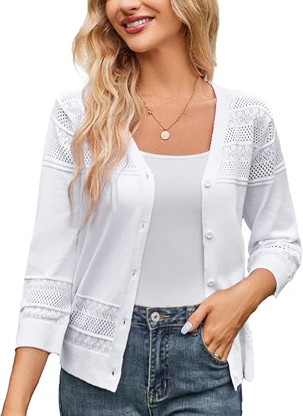 GRACE KARIN Women's Cropped Cardigan 3/4 Sleeve Lightweight Crochet Shrug Hollowed-Out Knit Sweater Tops Bright White M