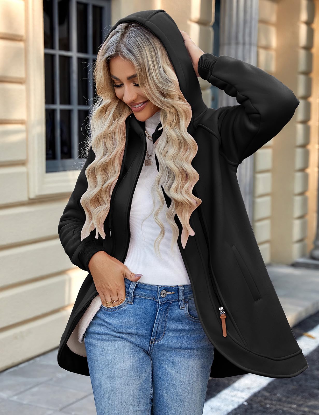 UMIPUBO Felpa Donna con Cappuccio Invernale Felpe con Zip Fodera in Pile Hoodie Sweatshirt a Manica Lunga Caldo Lungo Giacca con Tasche Cotone Termica Cappotto Pullover
