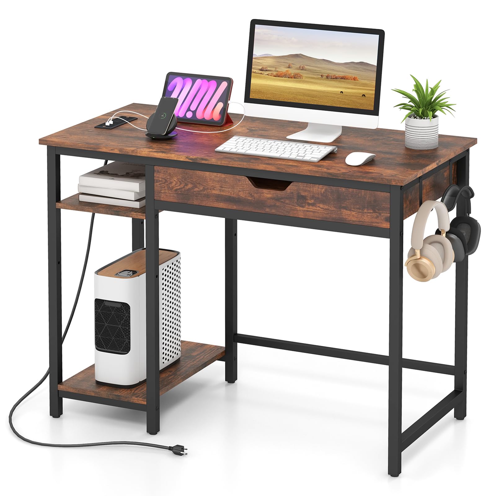 Giantex Computer Desk with Drawers and Power Outlets, Industrial Gaming Desk Computer Workstation with Adjustable Storage Shelf, Headphone Hooks,