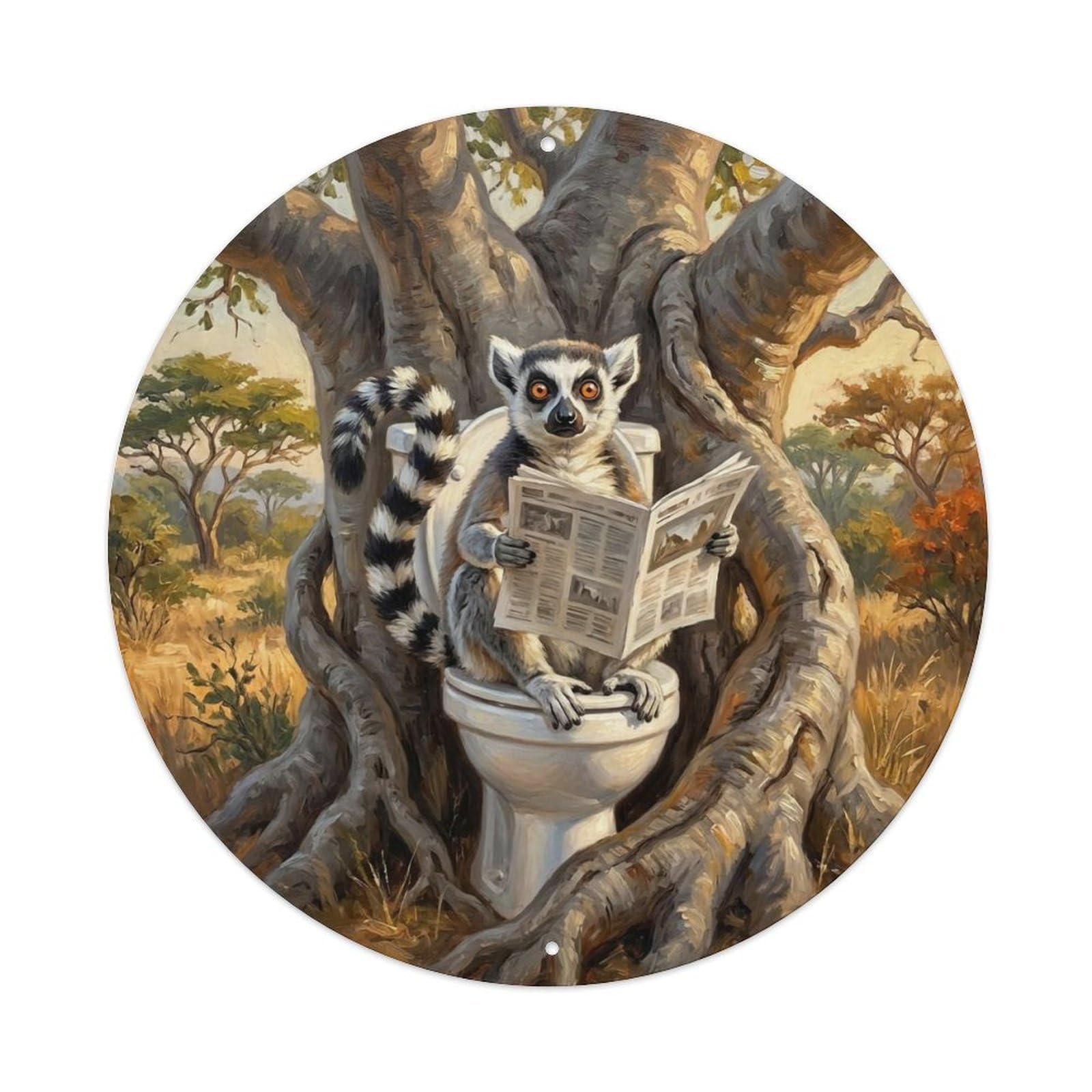 Lemur On Toilet Humorous Bathroom Baobab Tree Reads Metal Tin Sign